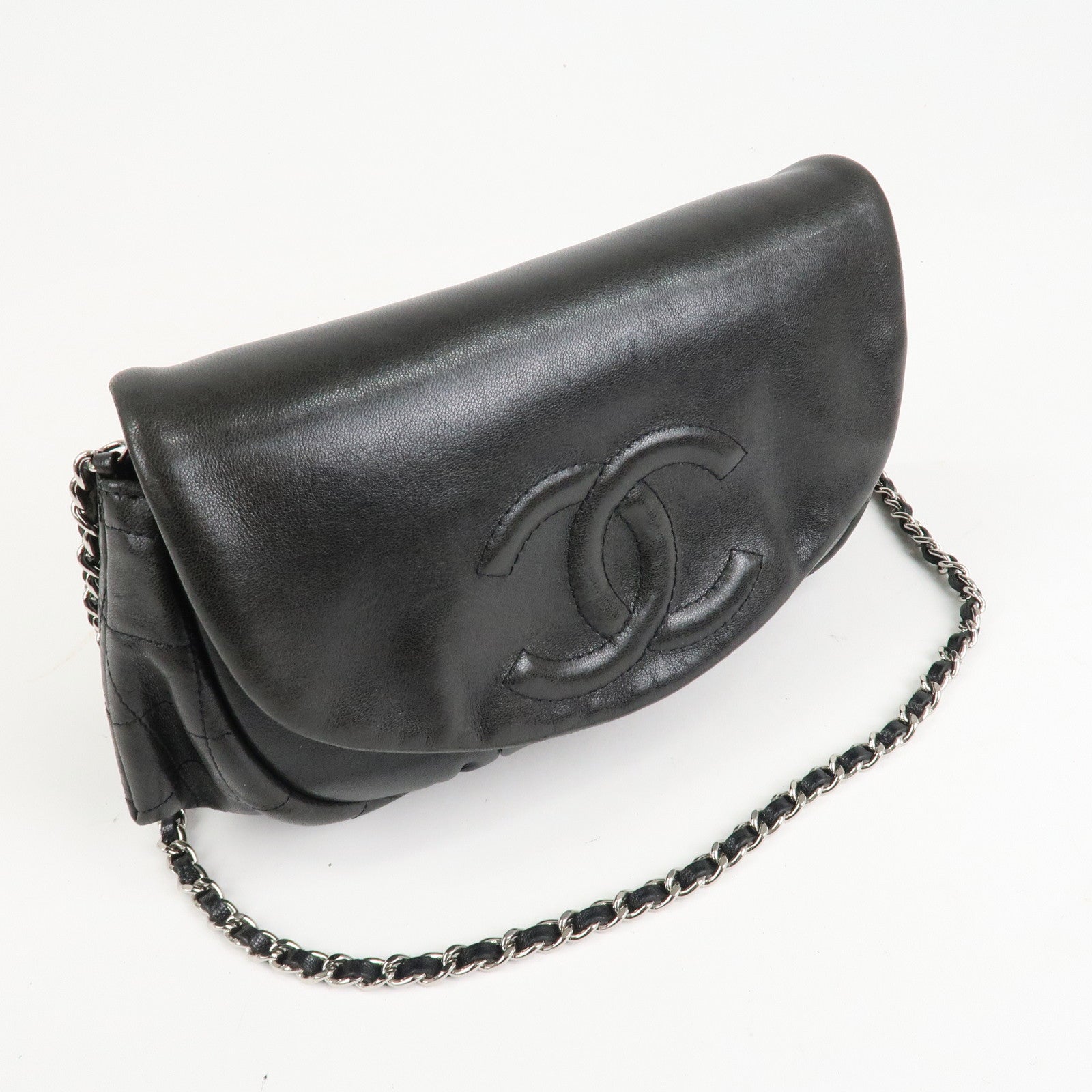 CHANEL COCO Mark Lamb Skin Half Moon Chain Shoulder Bag A40033 Used