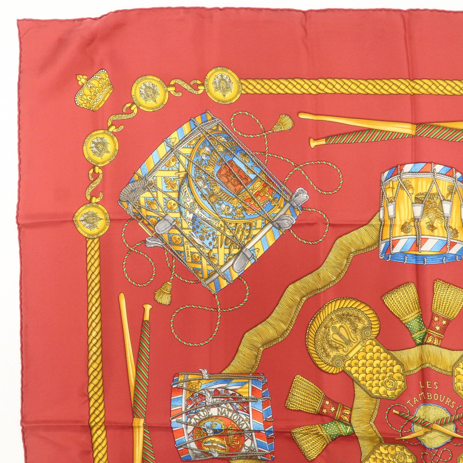 HERMES Carre 90 100% Silk Scarf LES TAMBOURS Drum Print Wine Red Used