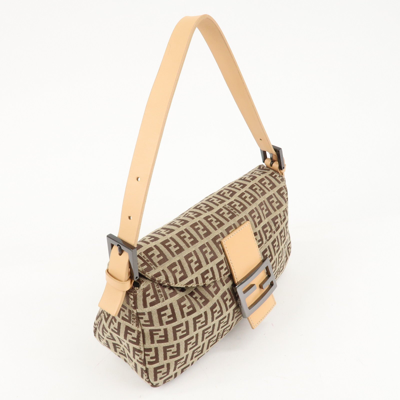 FENDI Zucchino Canvas Leather Shoulder Bag Beige 8BR003 Used