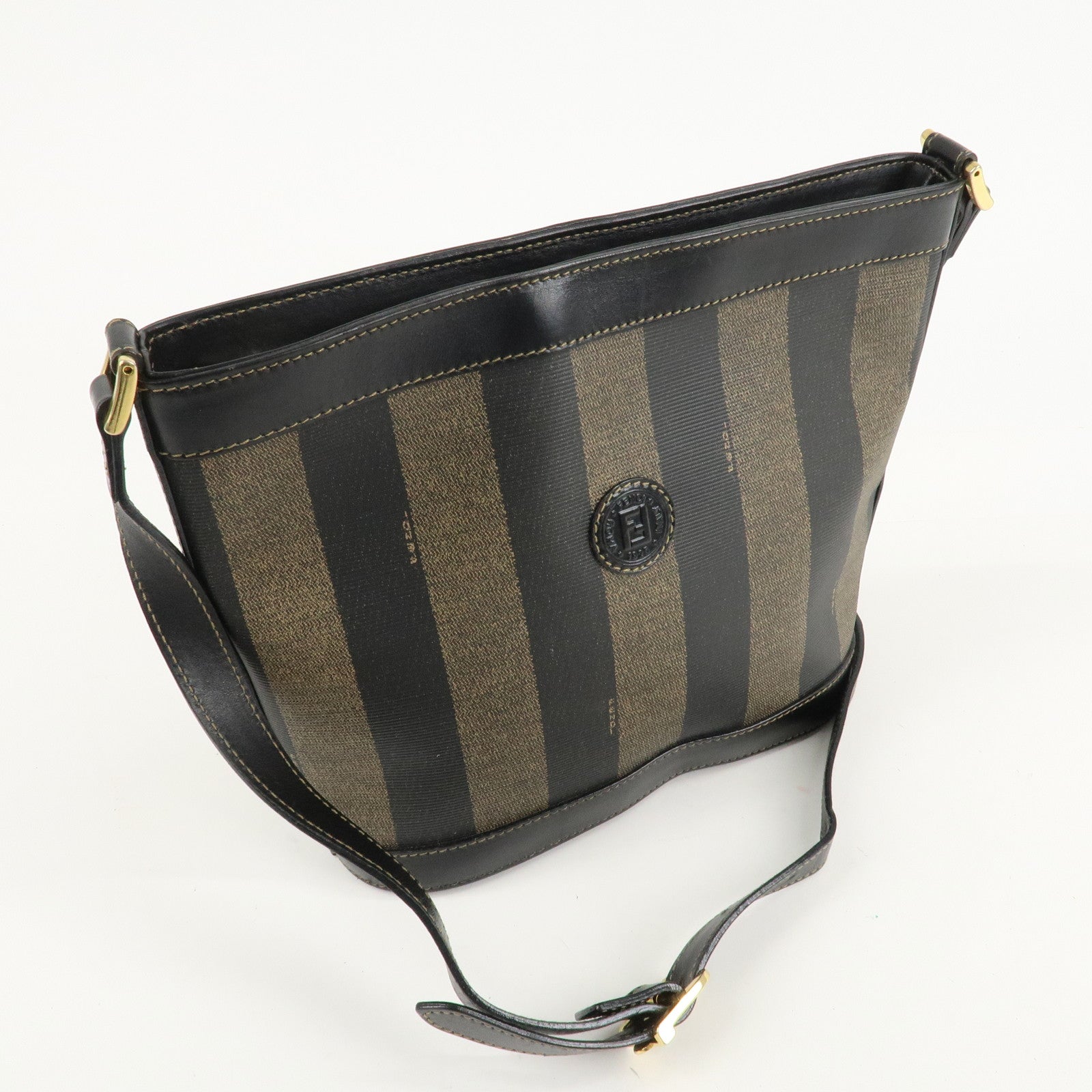 FENDI Pequin PVC Leather Shoulder Bag Black Brown 11644 Used