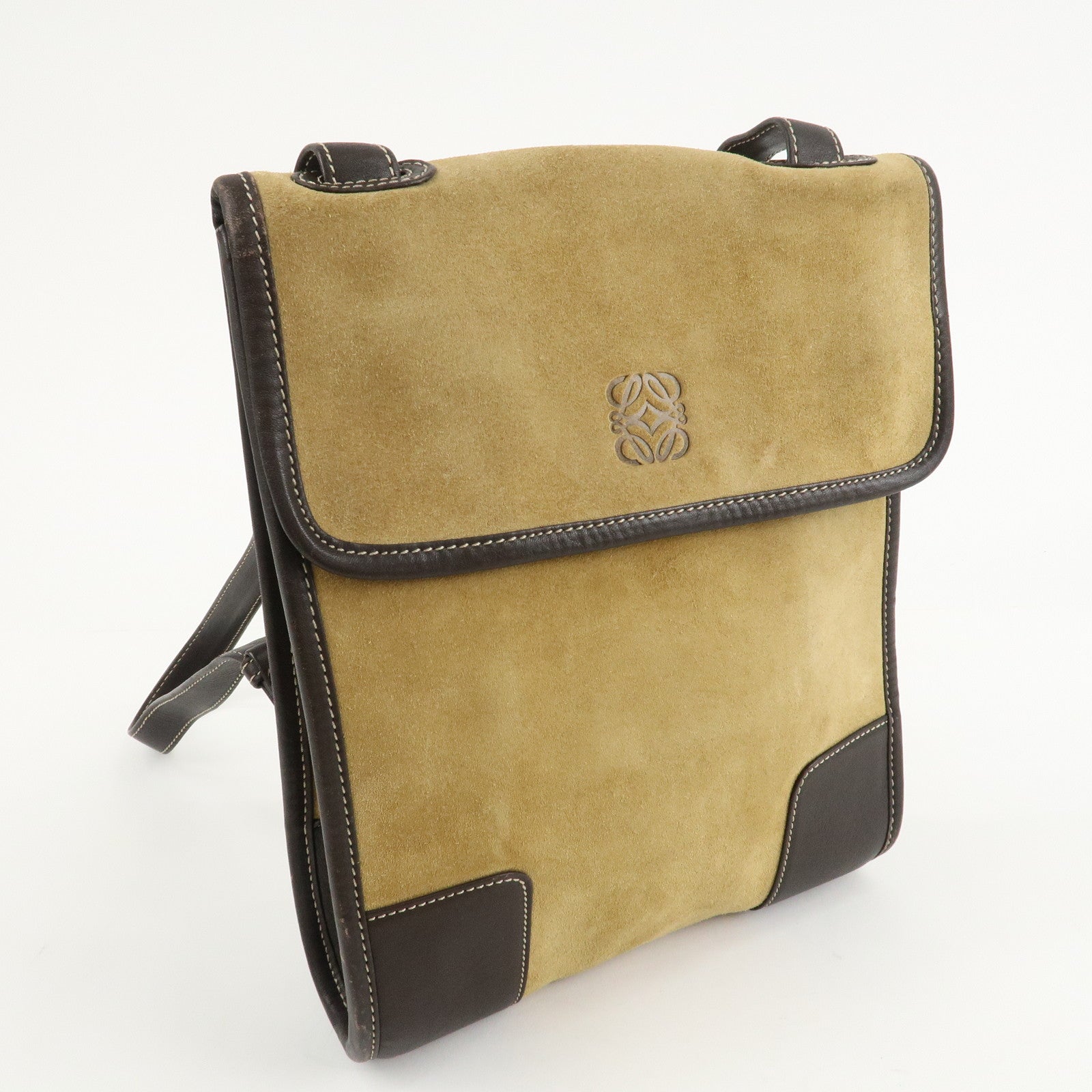 LOEWE Anagram Suede Leather Back Pack Ruck Sack Beige Dark Brown Used