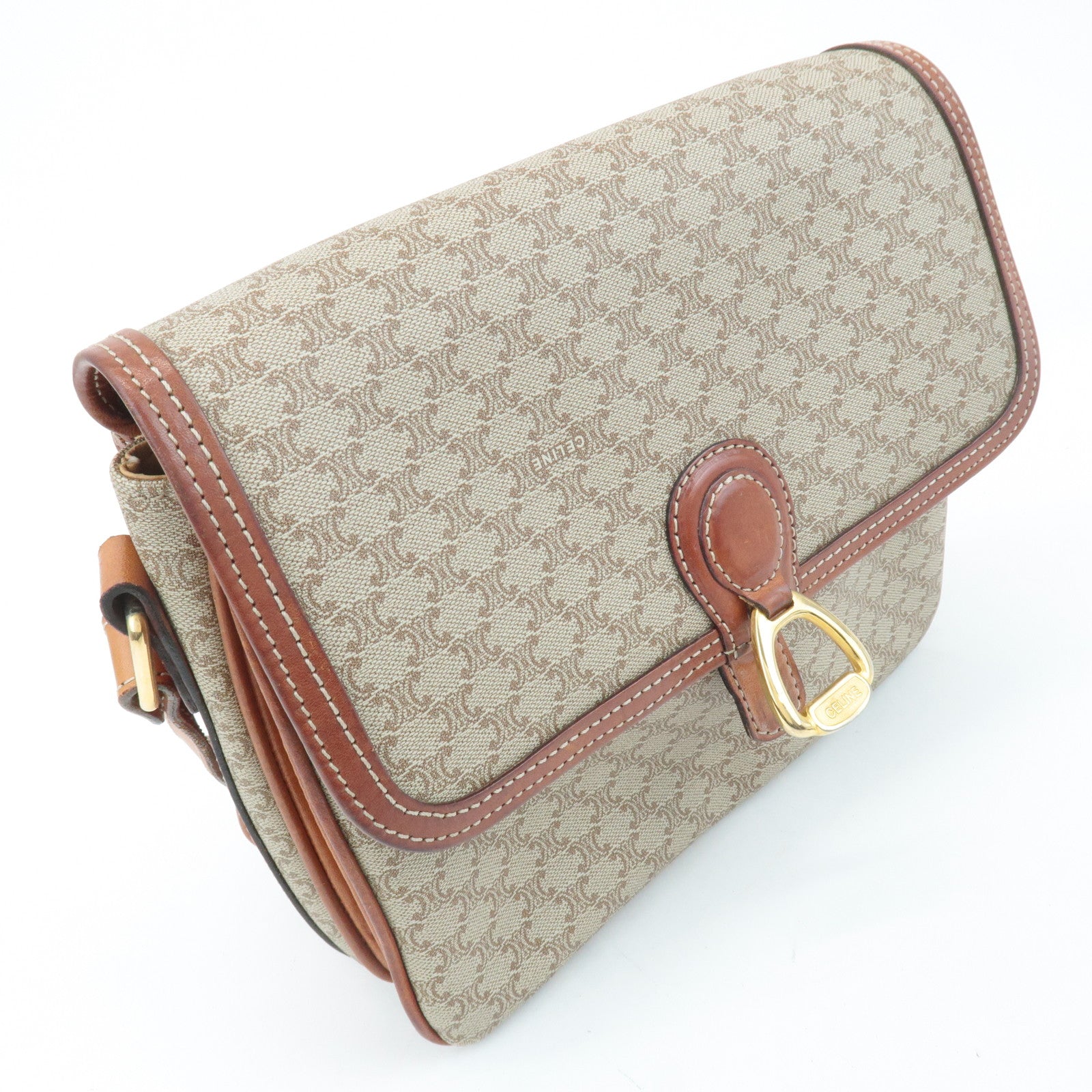 CELINE Macadam PVC Leather Shoulder Bag Beige Brown Used