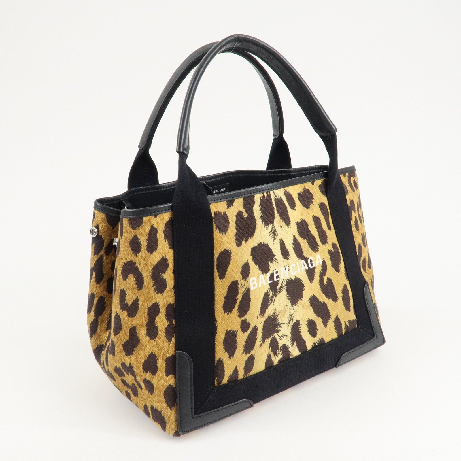 BALENCIAGA Navy Cabas S Canvas Leather Tote Bag Leopard 339933 Used