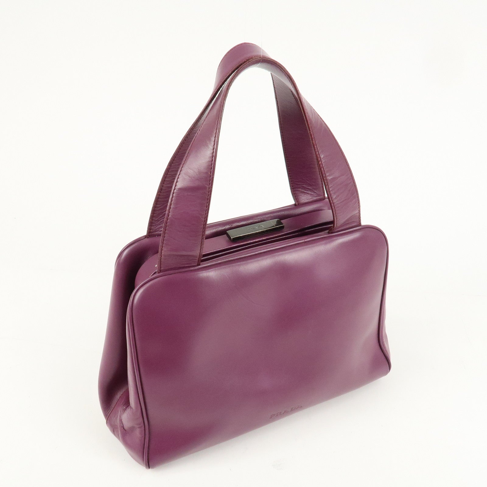 PRADA Leather Tote Bag Hand Bag Purple Antique Black HDW Used