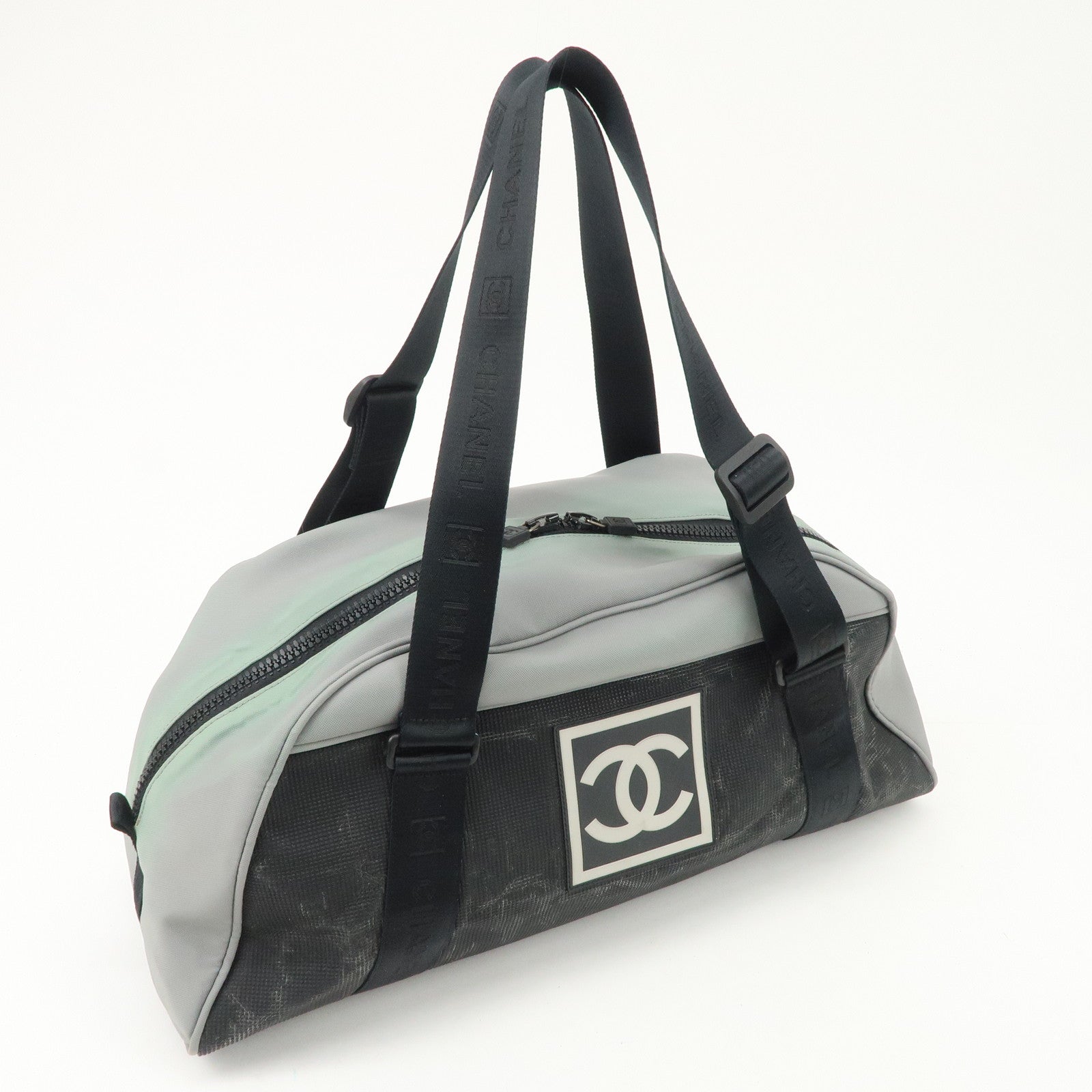 CHANEL Sportsline Nylon Canvas Boston Bag Black Gray A19976 Used