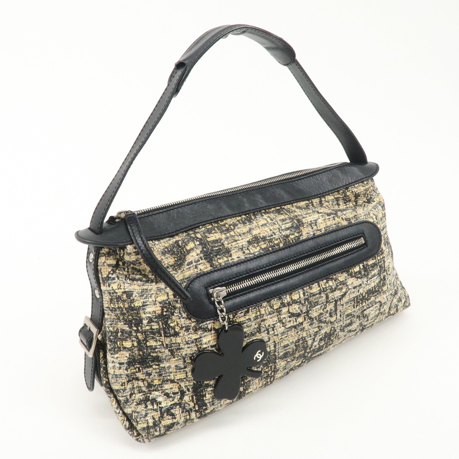 CHANEL Tweed Leather Shoulder Bag Hand Bag Black Beige Used
