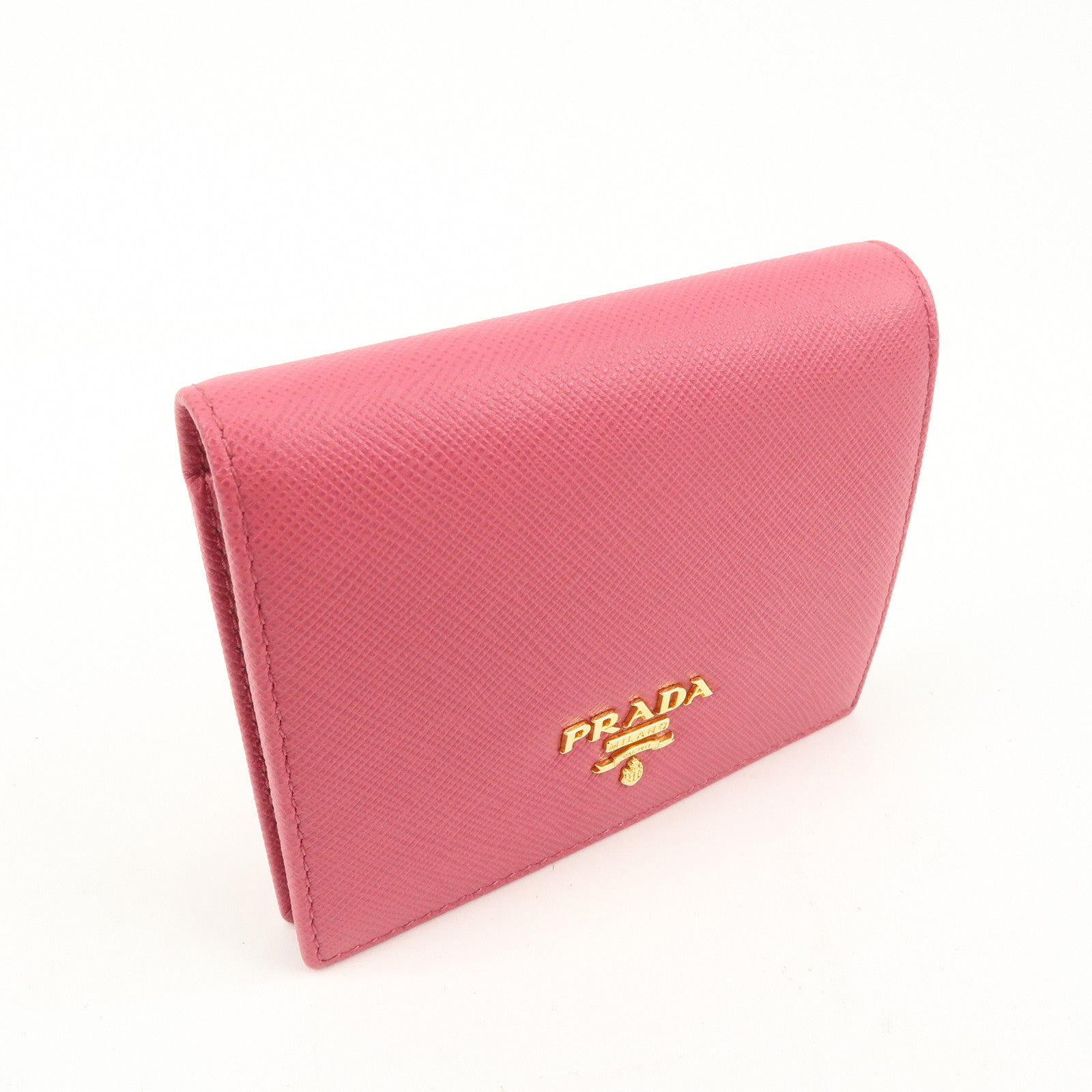 PRADA Logo Saffiano Leather Bi-Fold Wallet Pink 1MV204 Used