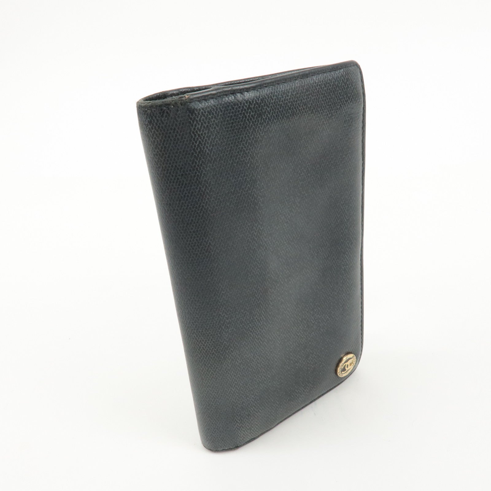 CHANEL COCO Button Leather Bi-Fold Long Wallet Black Used