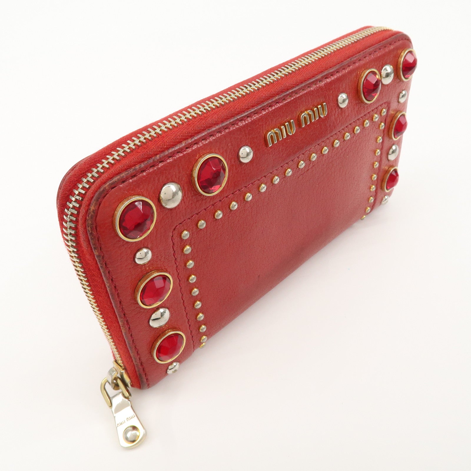 MIU MIU Leather Round Zipper Long Wallet Bijou Studs Red Used