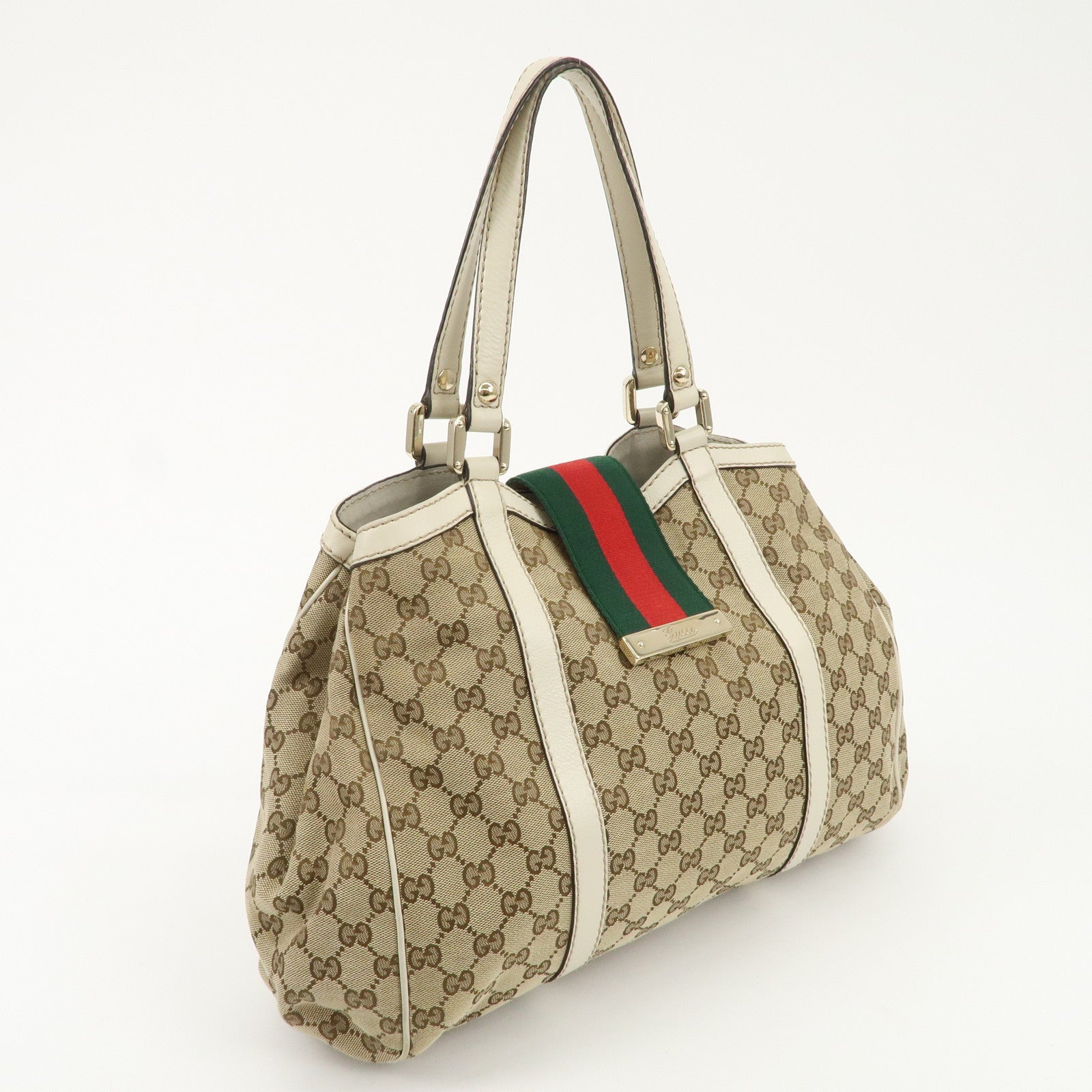 GUCCI Sherry GG Canvas Leather Hand Bag Beige Brown 233609 Used