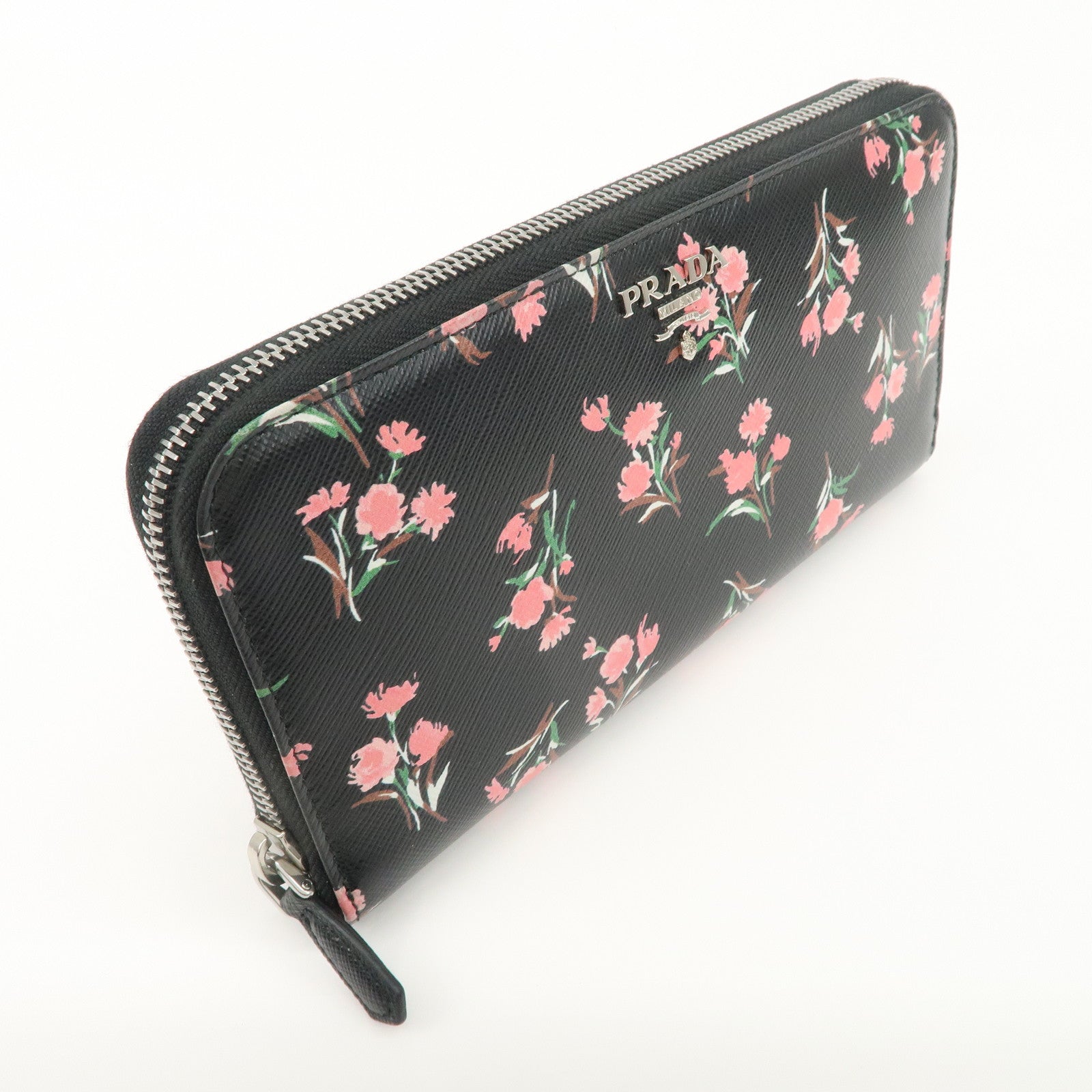 PRADA Logo Leather Round Zipper Long Wallet Flower 1ML506 Used