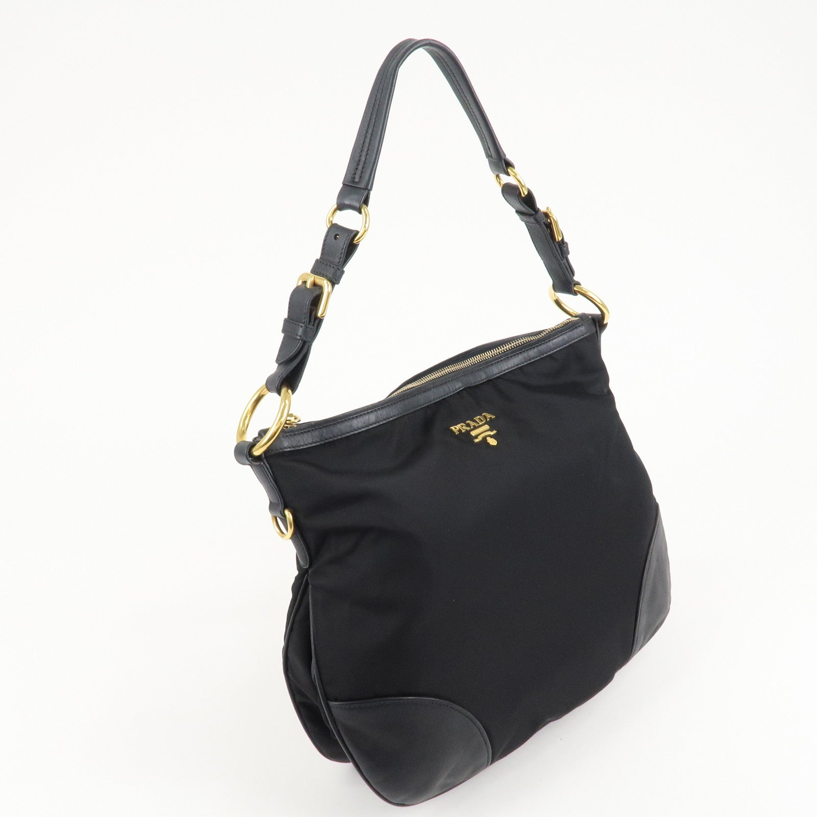PRADA Nylon Leather Shoulder Bag Black Gold Hardware Used