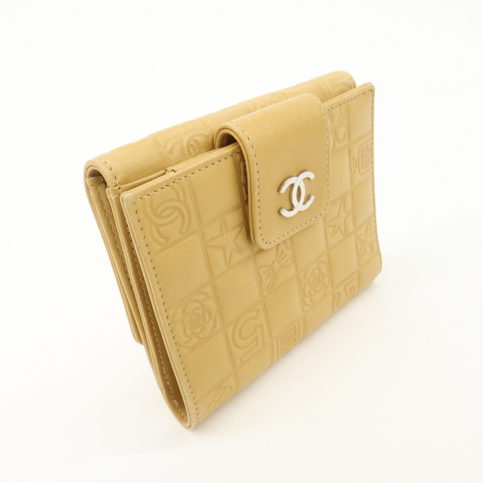 CHANEL Icon Line Lamb Skin W Flap Bi-fold Wallet Beige A24212 Used