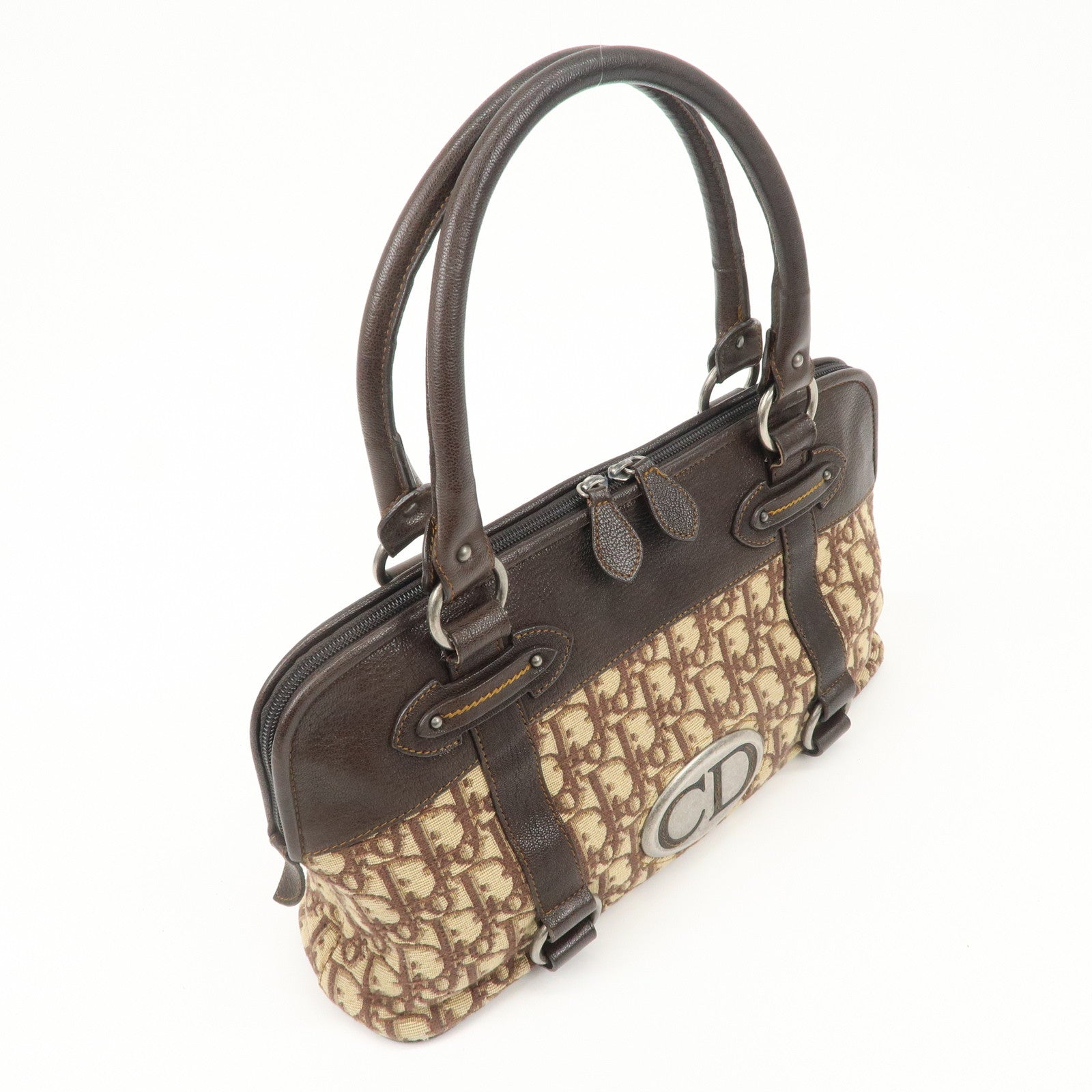 Christian Dior Logo Trotter Canvas Leather Boston Bag Beige Brown Used