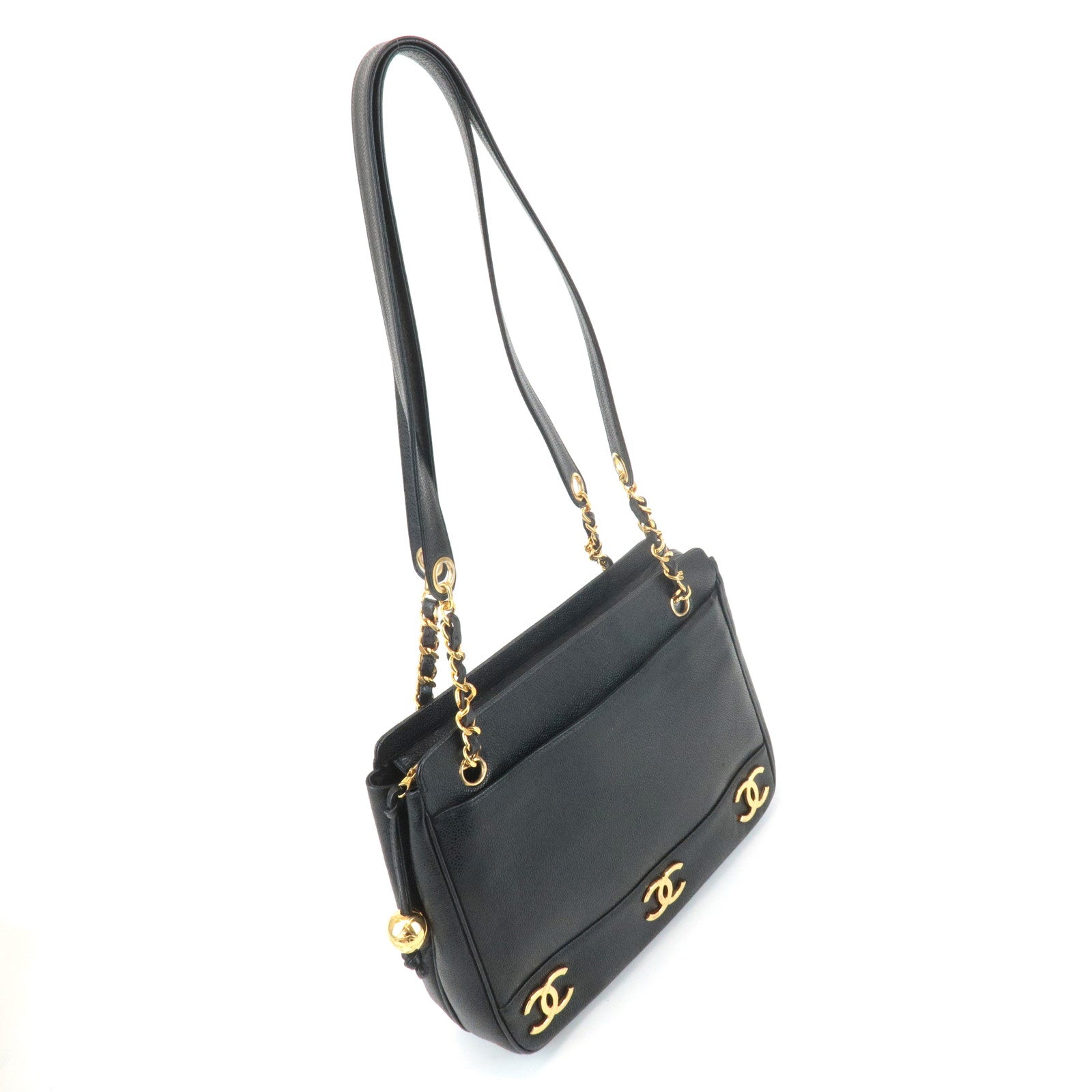 CHANEL Triple COCO Caviar Skin Tote Bag Black Gold Used