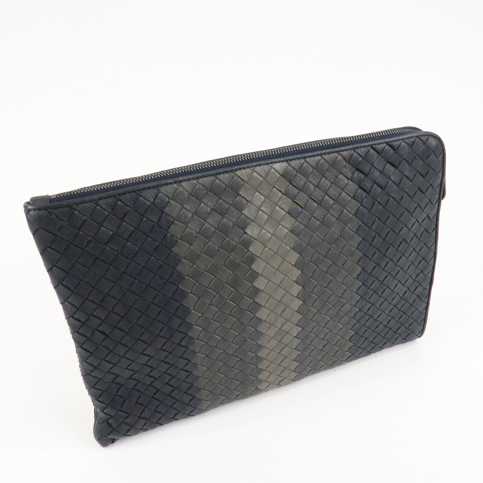 BOTTEGA VENETA Leather Clutch Bag Navy Gray Beige Used