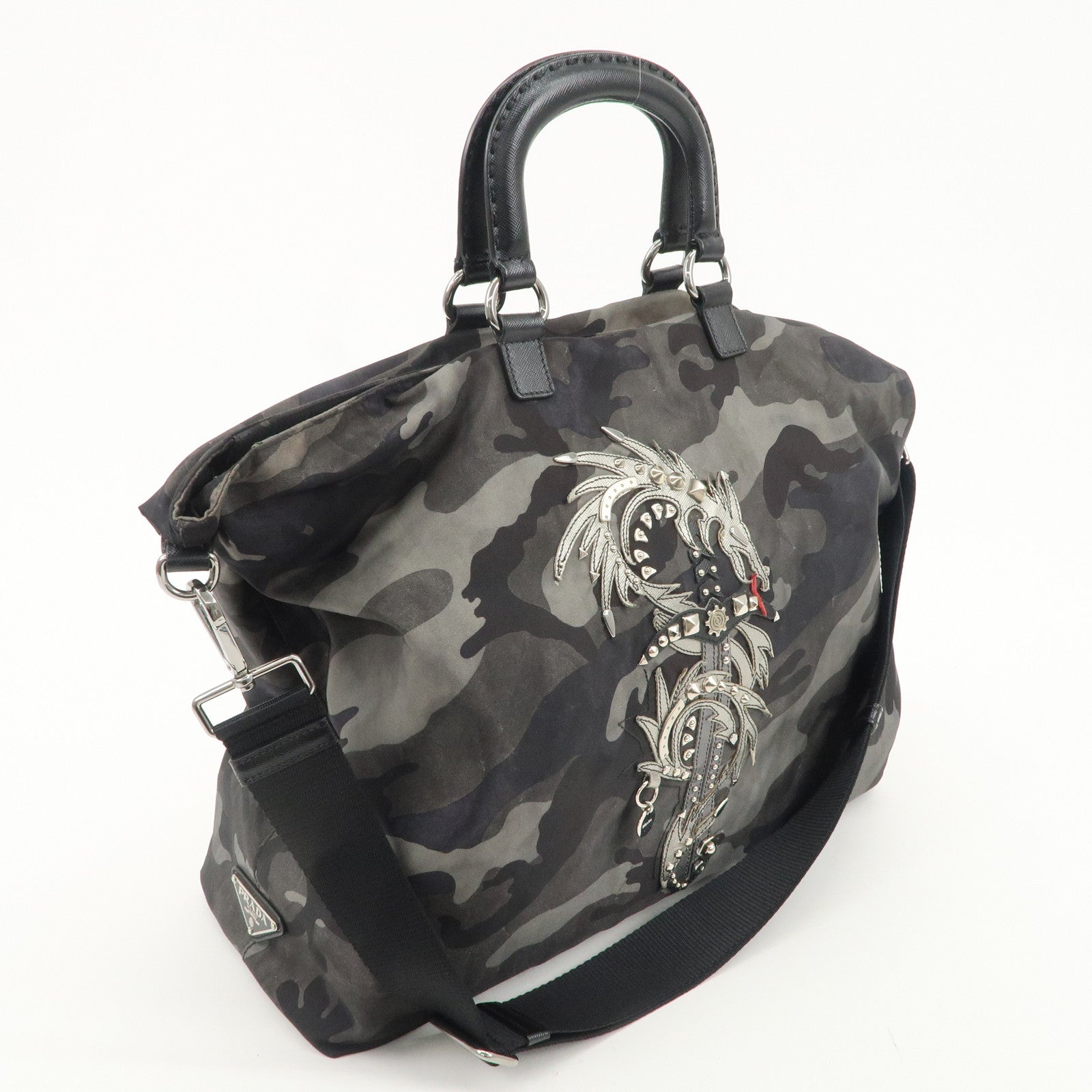 PRADA Logo Nylon Leather 2Way Shoulder Bag Camouflage Dragon VA889 Used
