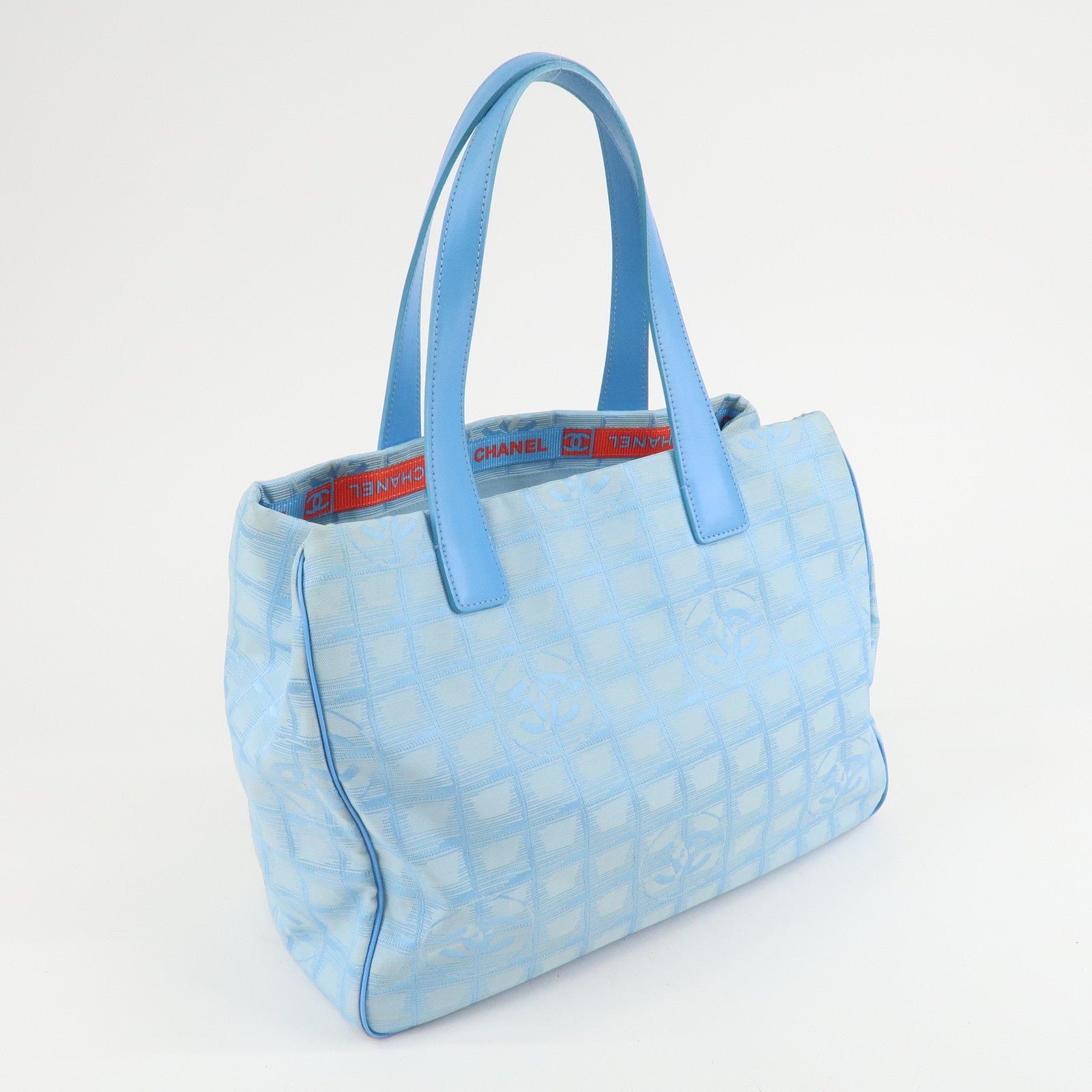 CHANEL New Travel Line Nylon Jacquard Leather Tote Bag MM A15991 Used
