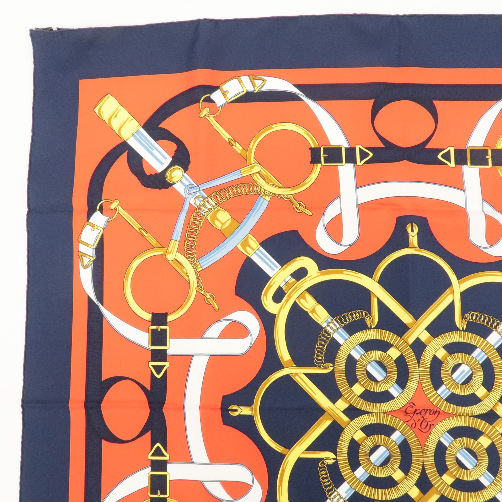 HERMES Carre 90 100% Silk Carre 90 Eperon d'or Red Navy Gold Used