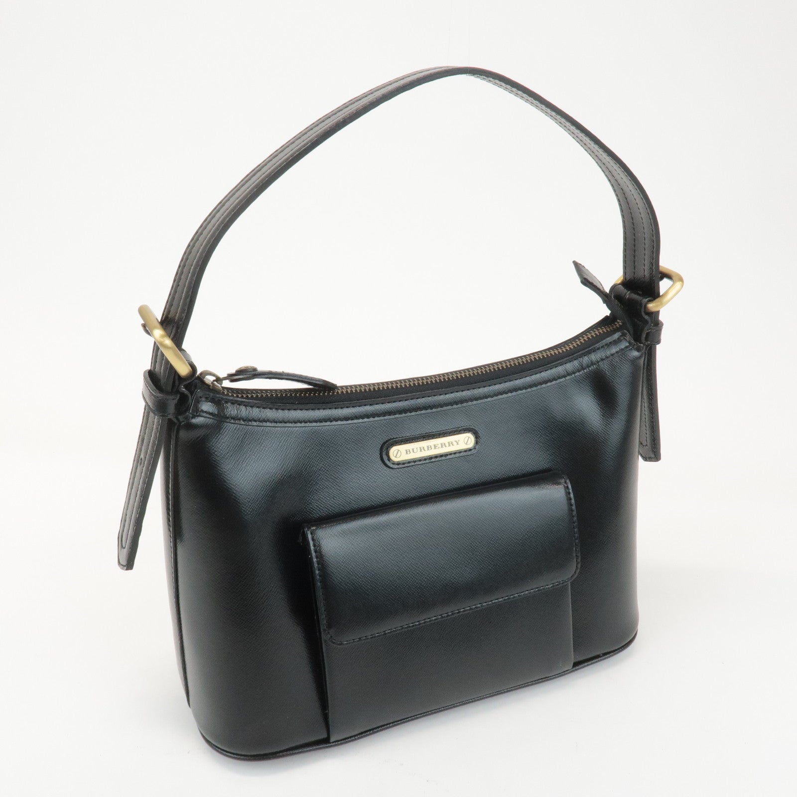 BURBERRY Leather Shoulder Bag Hand Bag Black Gold Hardware Used