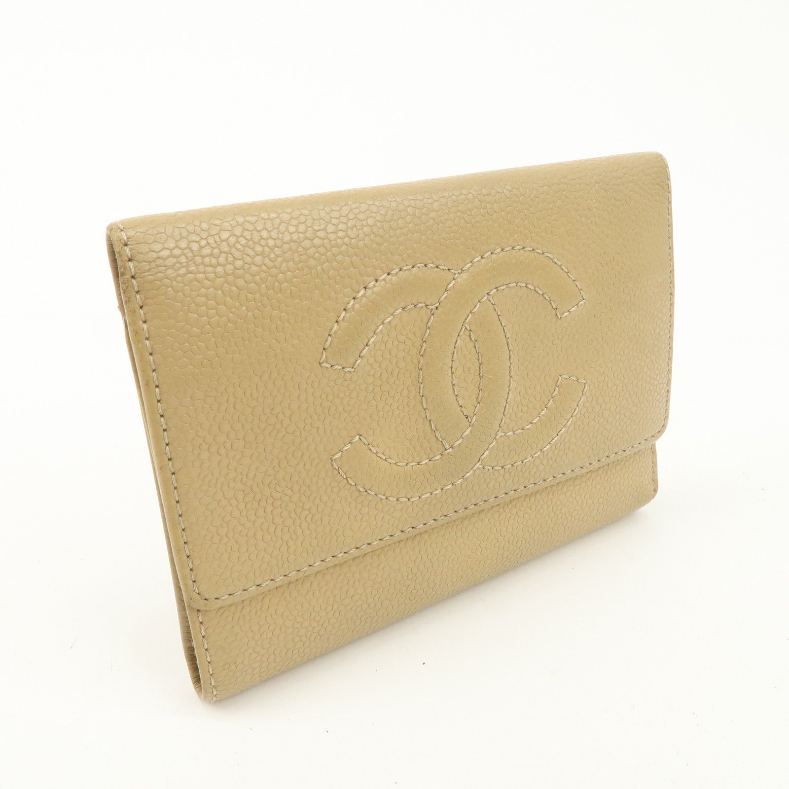CHANEL Caviar Skin COCO Mark Tri-Fold Wallet Beige Gold Used
