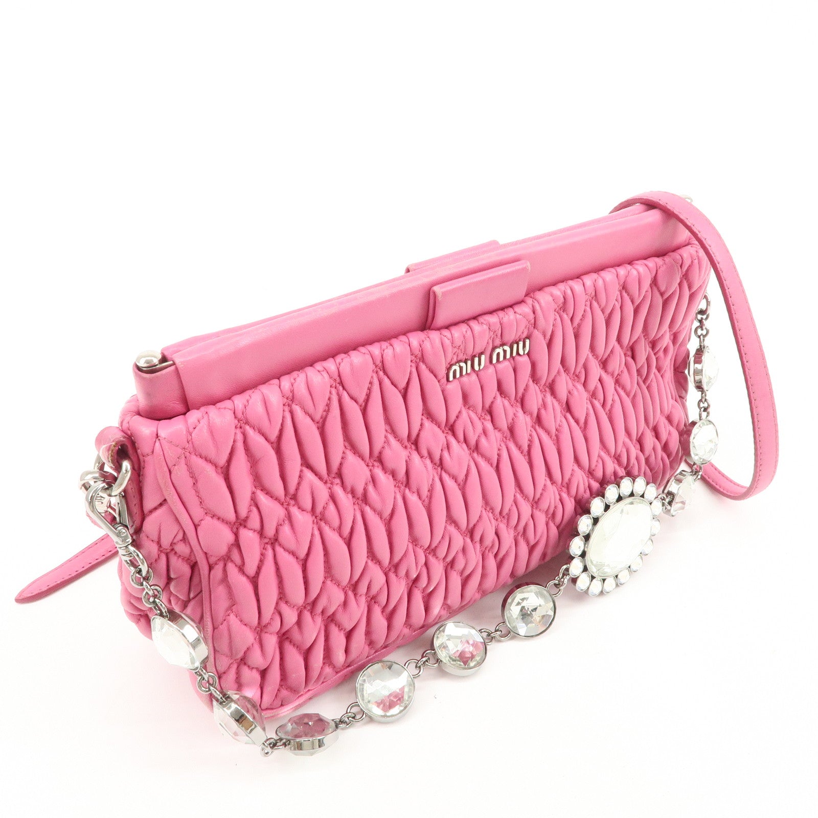 MIU MIU Matelasse Leather Bijou Shoulder Bag Hand Bag Pink Used