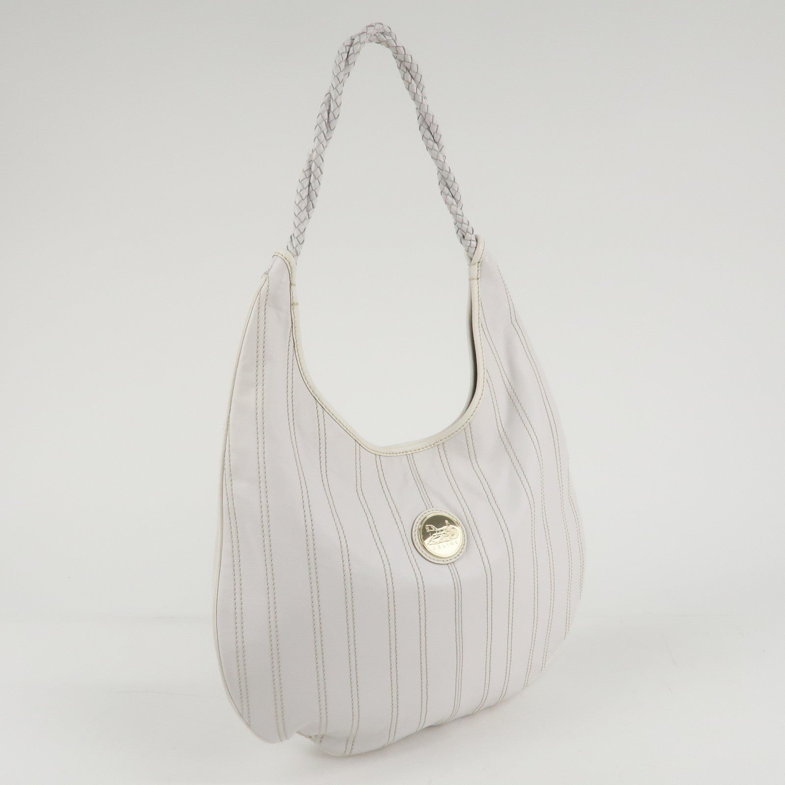 CELINE Leather Shoulder Bag White Gold Hardware Used