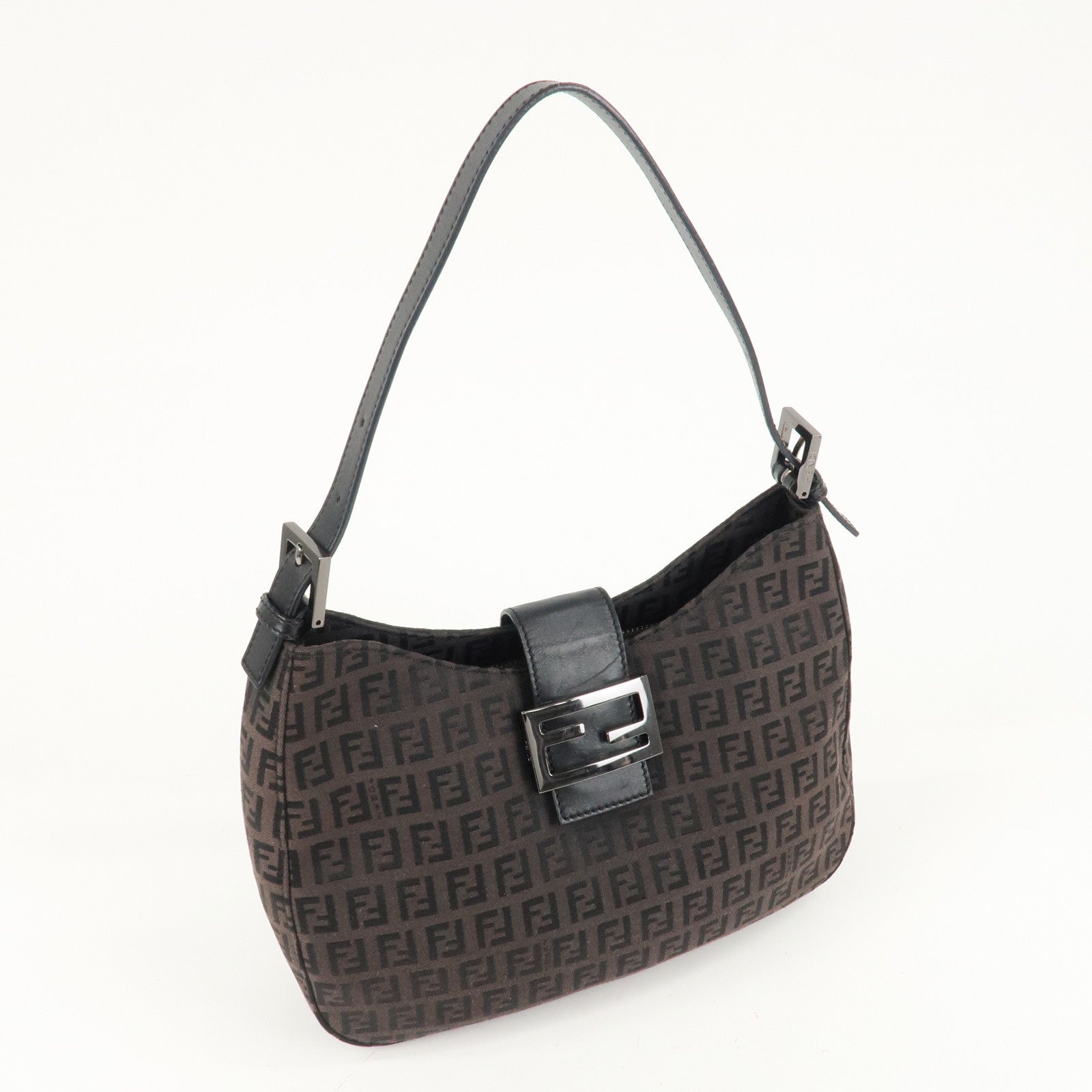 FENDI Zucchino Canvas Leather Shoulder Bag Brown Black 8BR036 Used