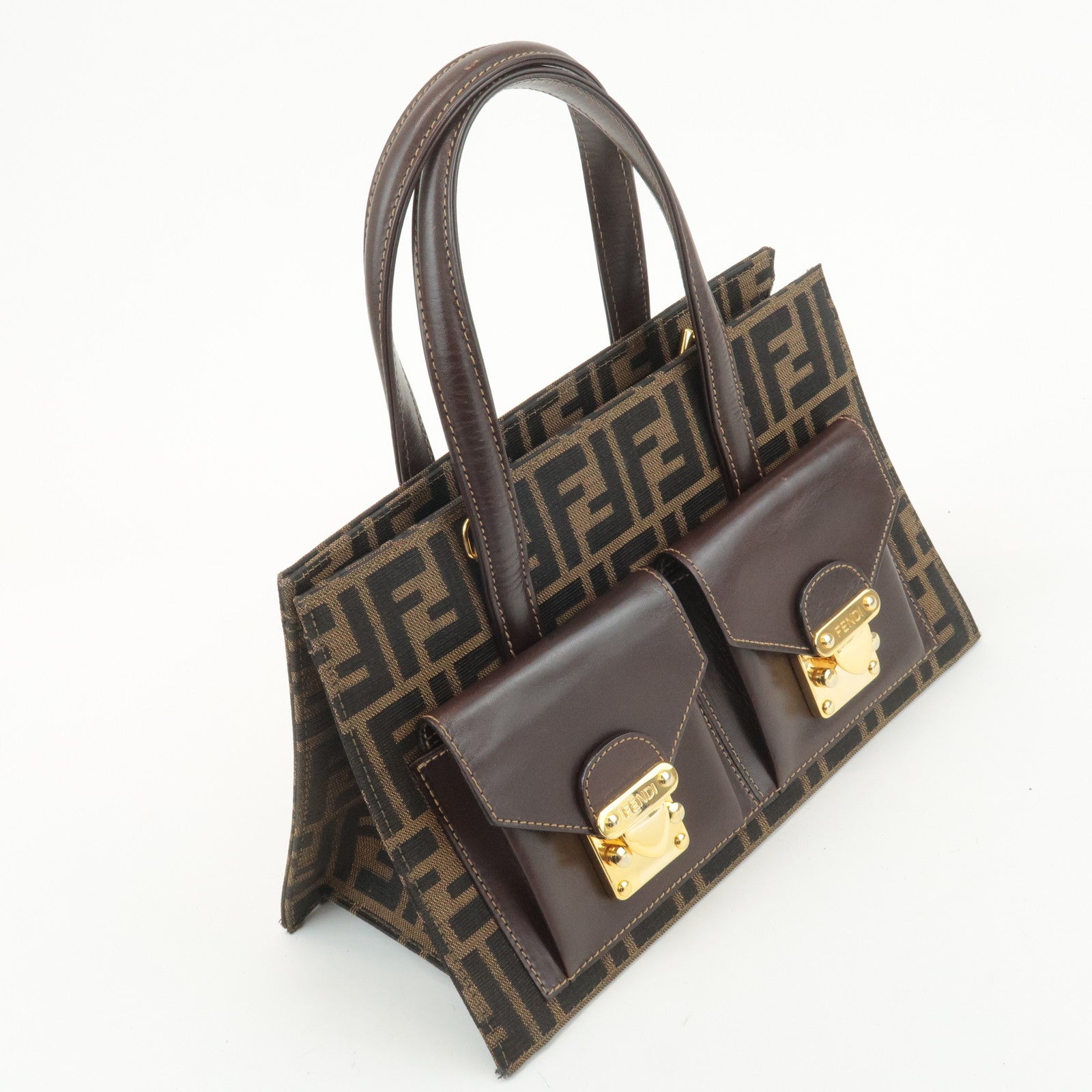 FENDI Zucca Canvas Leather Boston Bag Hand Bag Brown Black Used