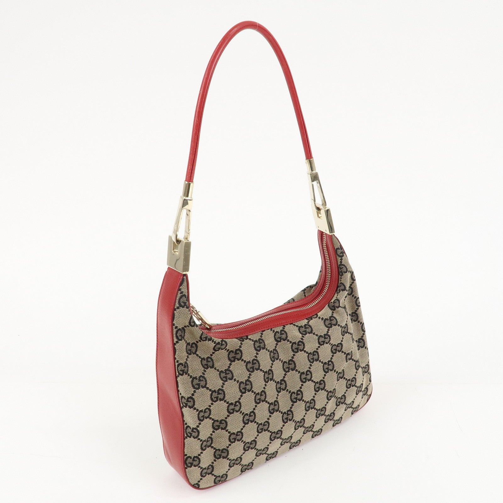 GUCCI GG Canvas Leather One-Shoulder Bag Beige Navy Red 001.3812 Used