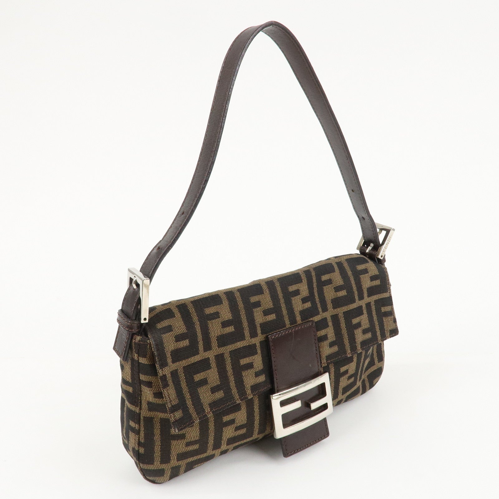 FENDI Mamma Baguette Zucca Canvas Shoulder Bag Brown Black 26424 Used