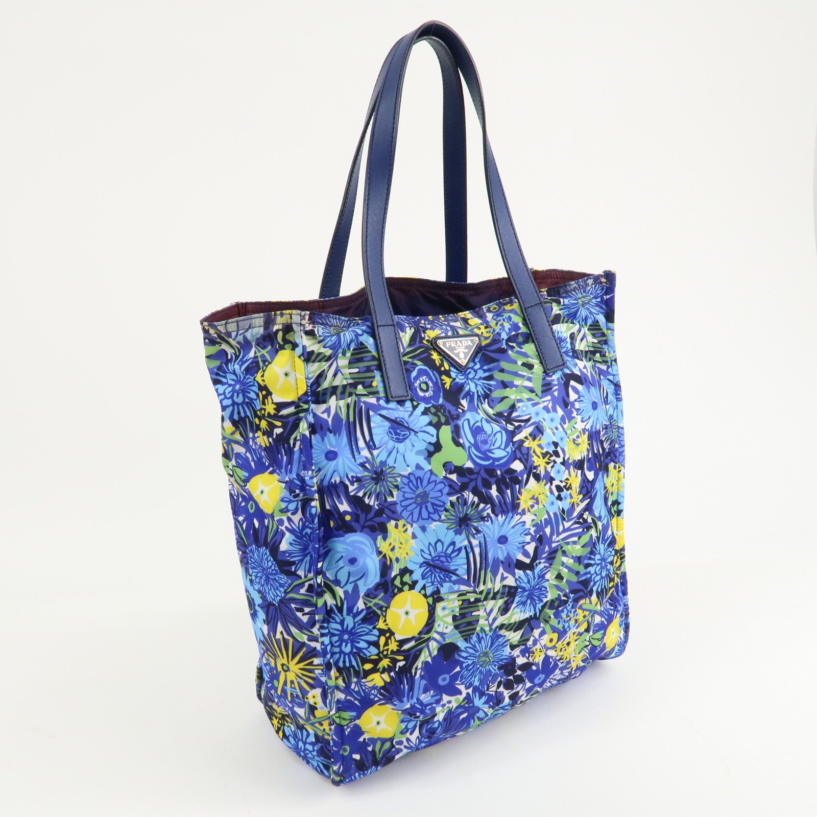 PRADA Logo Nylon Leather Tote Bag Floral Print Blue BN2851 Used
