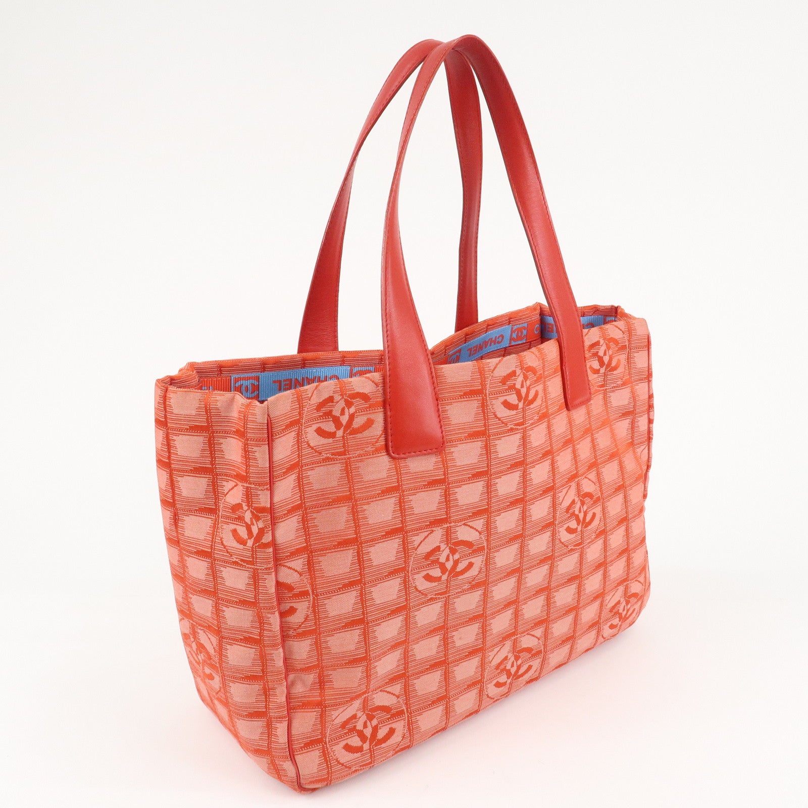 CHANEL New Travel Line Nylon Jacquard Leather Tote Bag Red A15991 Used