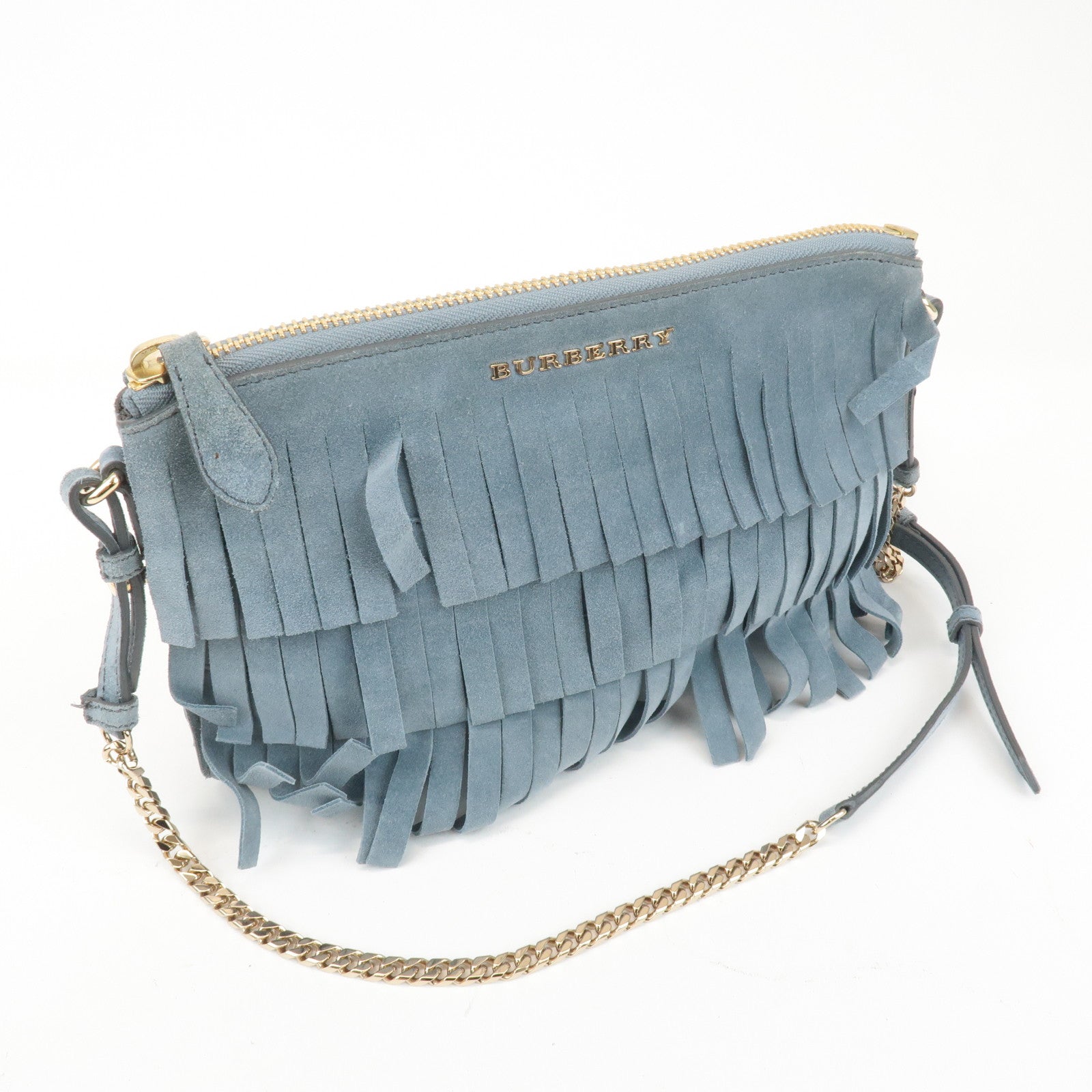 BURBERRY Leather Suede Chain Sholder Bag Hand Bag Light Blue Used