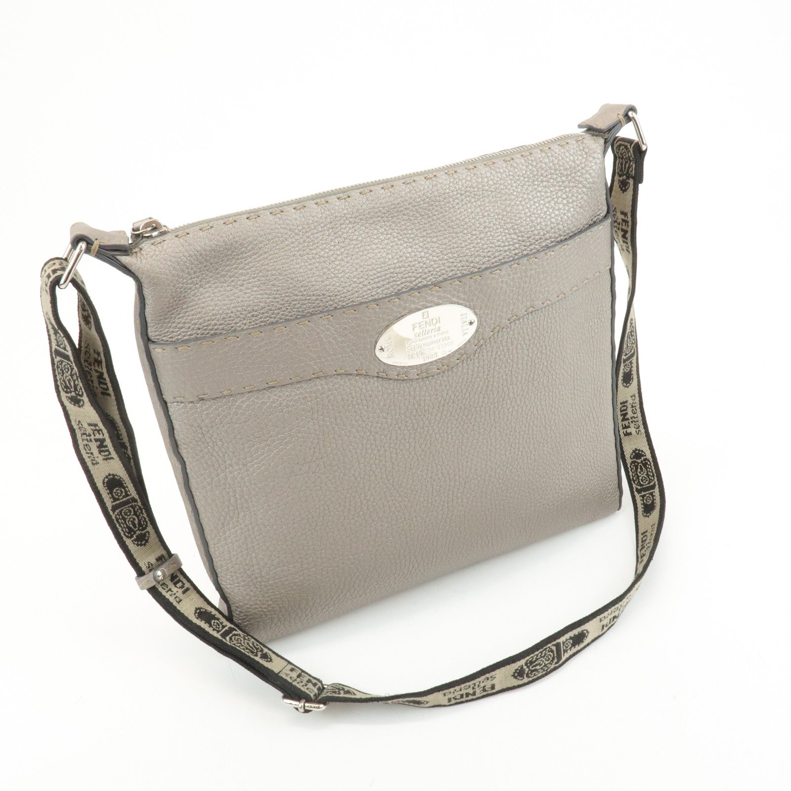 FENDI Selleria Leather Shoulder Bag Champagne Gray 8BT109 Used