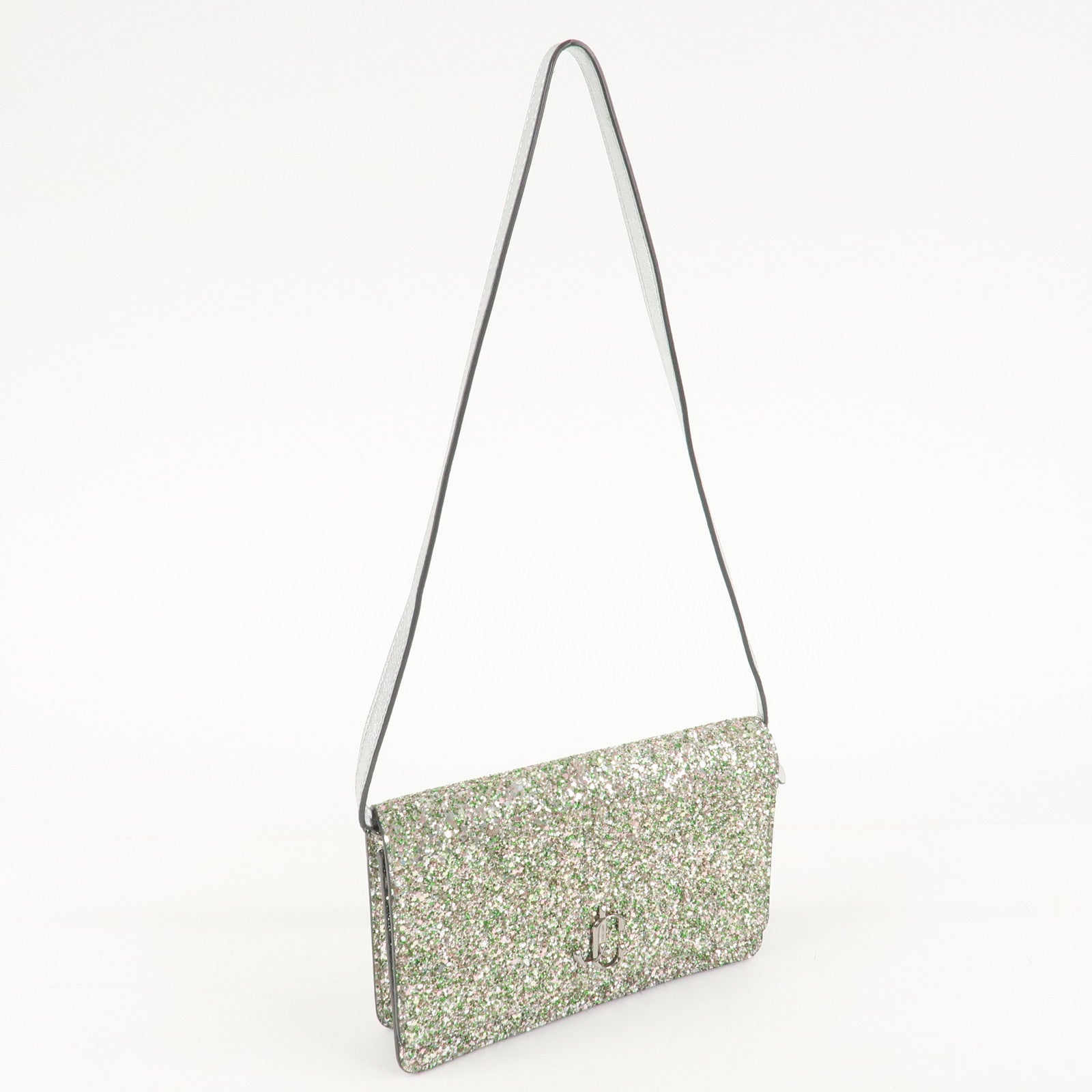 JIMMY CHOO Glitter Leather Shoulder Wallet Bag Green Silver Used