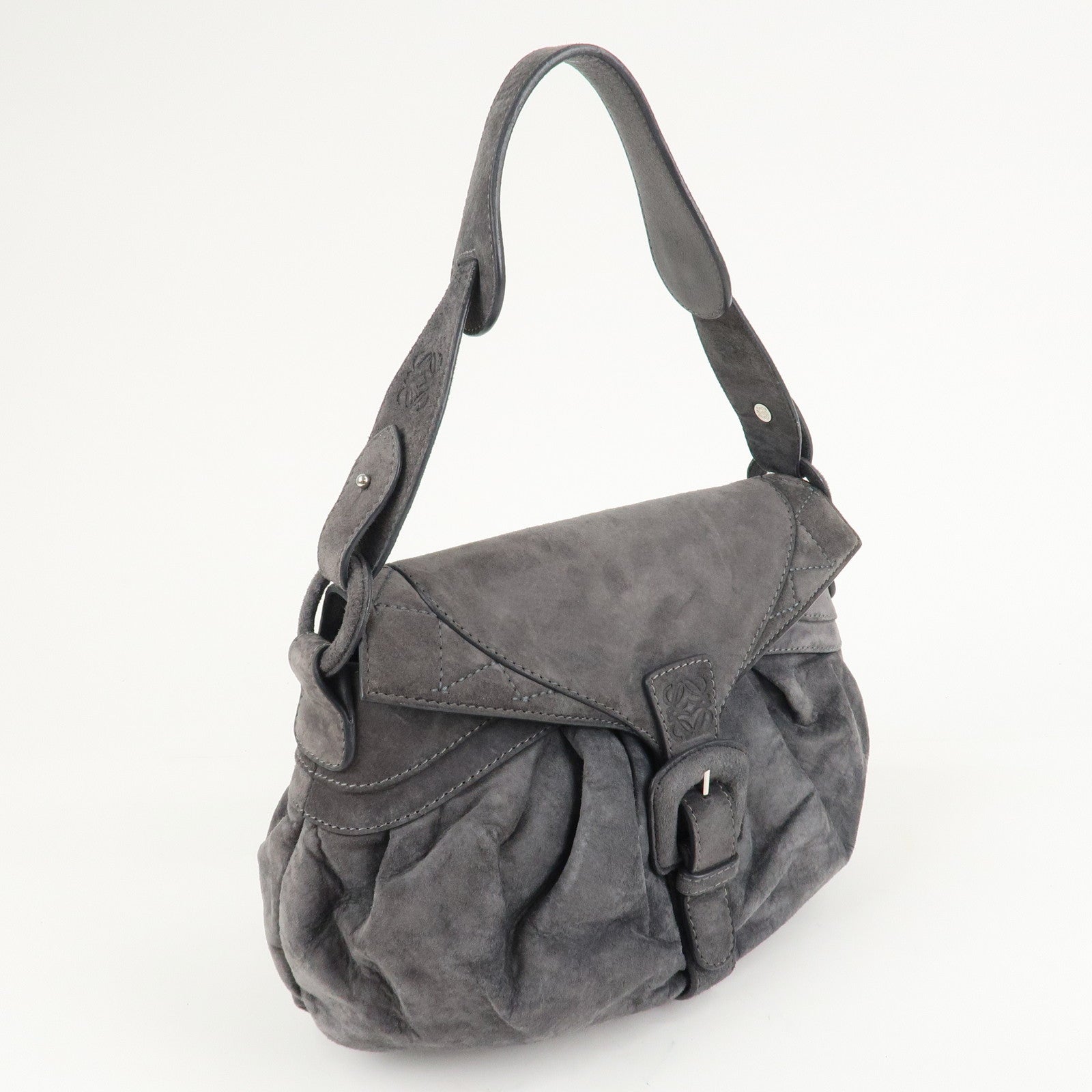 LOEWE Anagram Suede Leather Shoulder Bag Hand Bag Gray Used