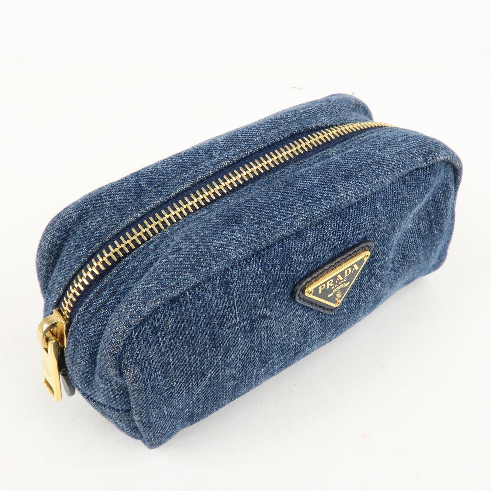 PRADA Triangle Logo Denim Pouch Cosmetic Pouch Blue Used