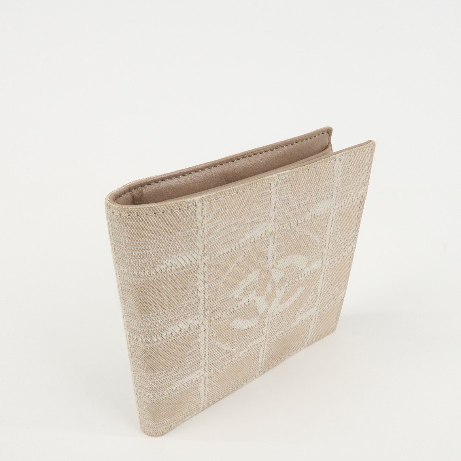 CHANEL New Travel Line Nylon Jacquard Bi-hold Compact Wallet Beige Used