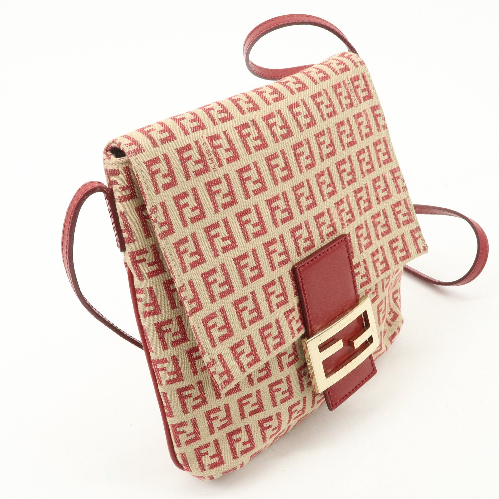 FENDI Zucchino Canvas Leather Shoulder Bag Beige Red 8BT075 Used