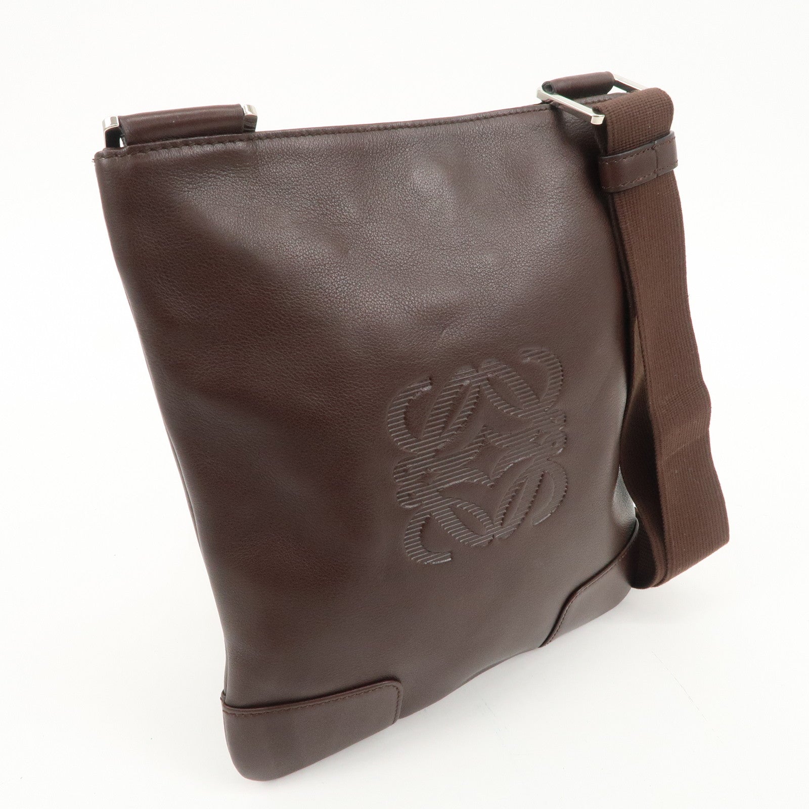 LOEWE Anagram Leather Shoulder Bag Brown Silver Hardware Used