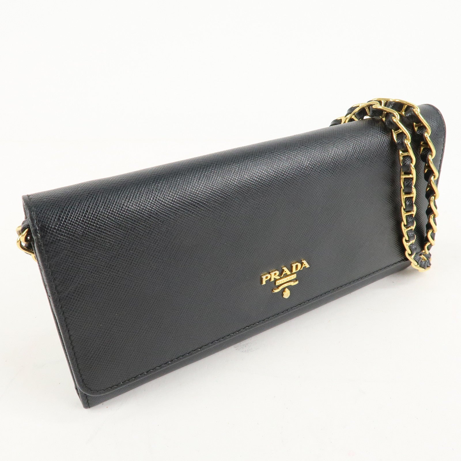 PRADA Saffiano Leather Chain Wallet Purse Black 1MT290 Used