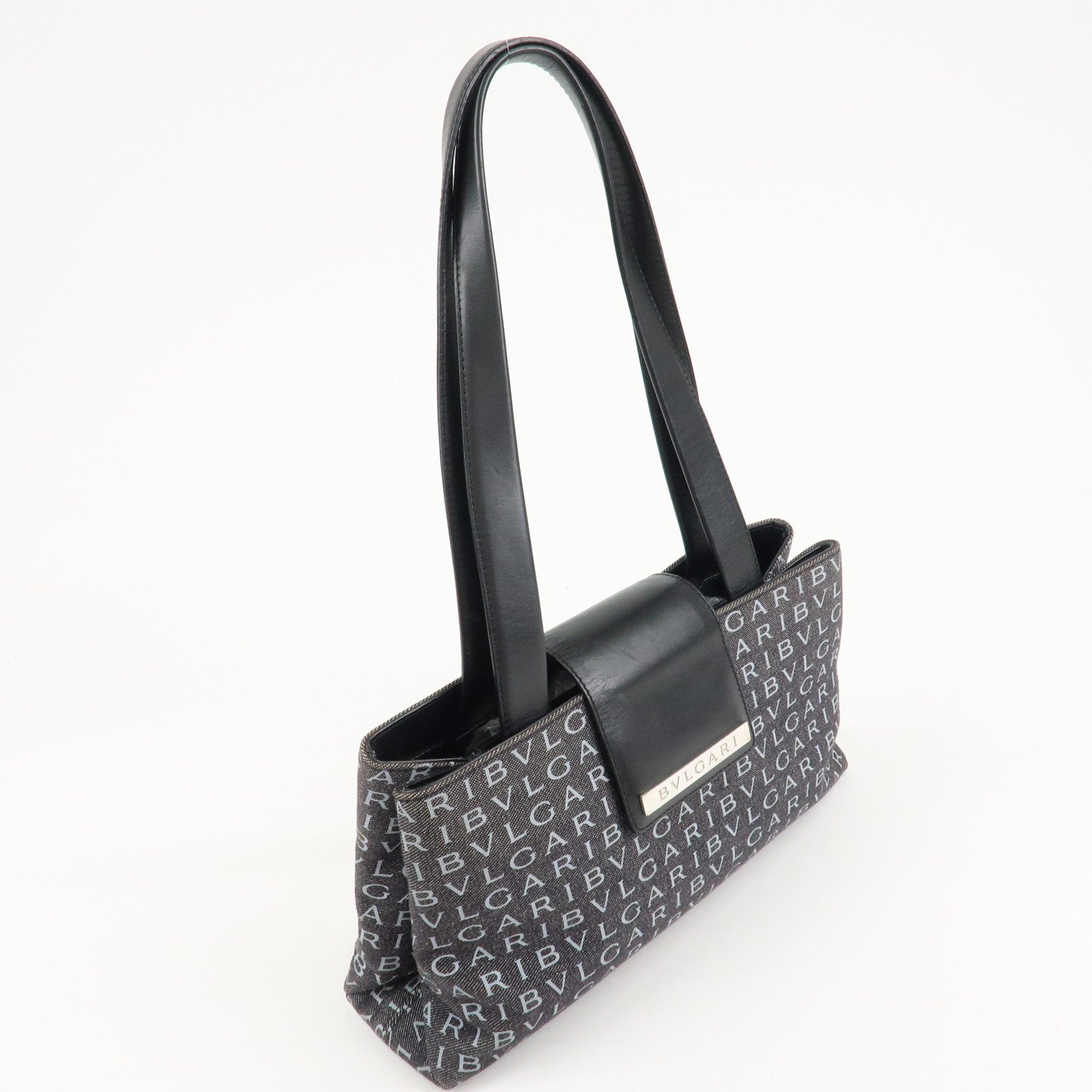 BVLGARI Logo Mania Canvas Leather Tote Bag Shoulder Bag Black Used