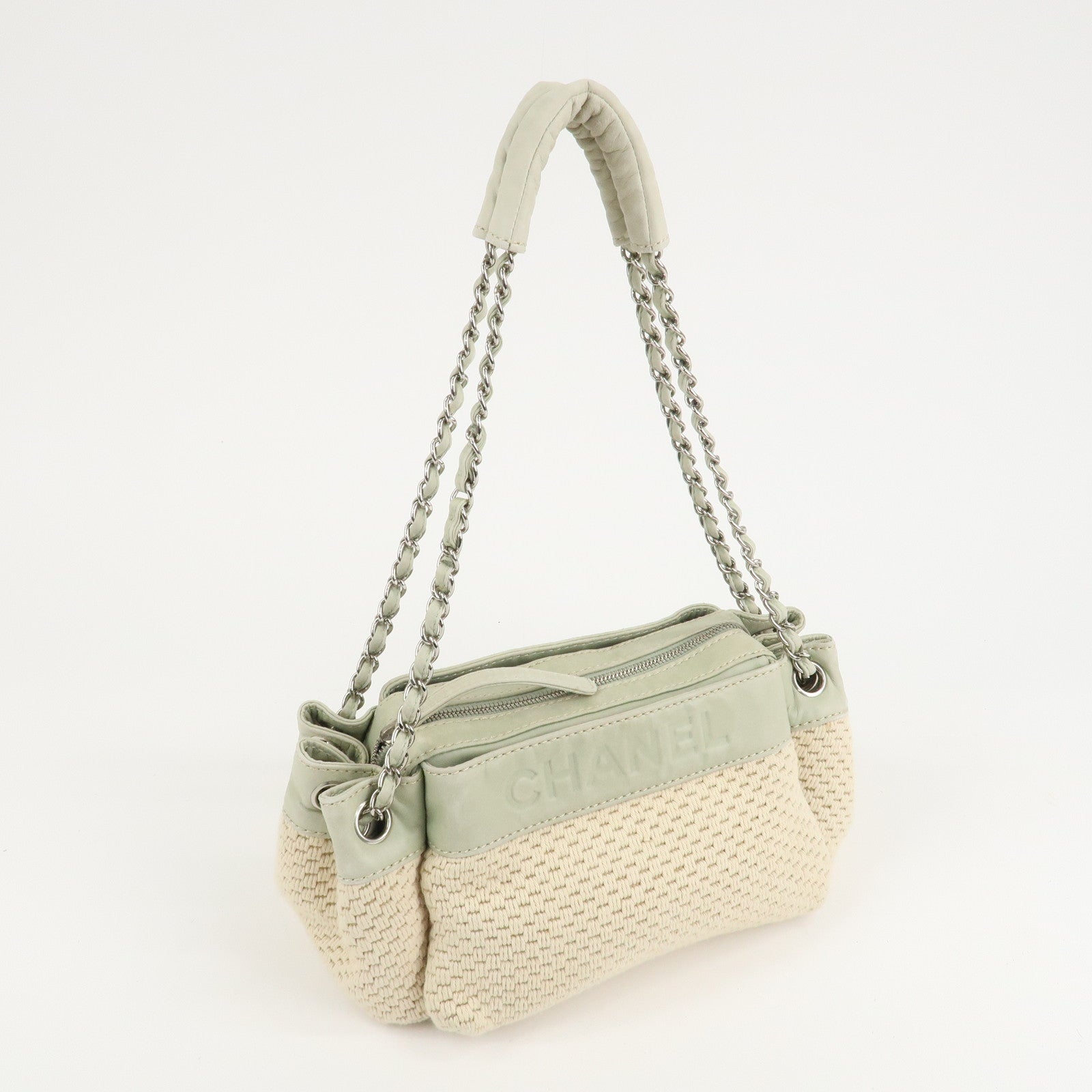 CHANEL Cotton Leather Chain Shoulder Bag Ivory Light Green Used