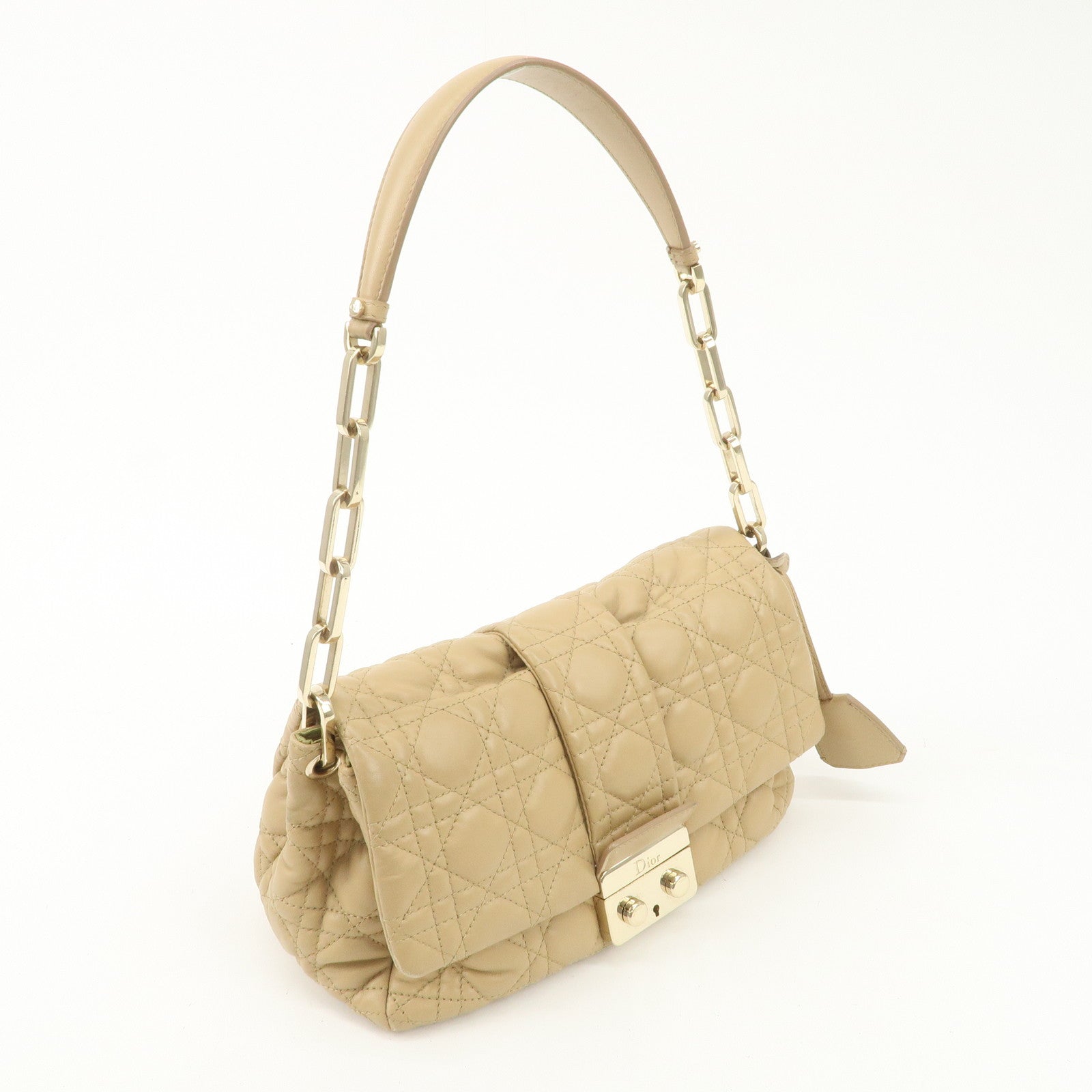 Christian Dior New Lock Cannage Leather Chain Shoulder Bag Beige Used