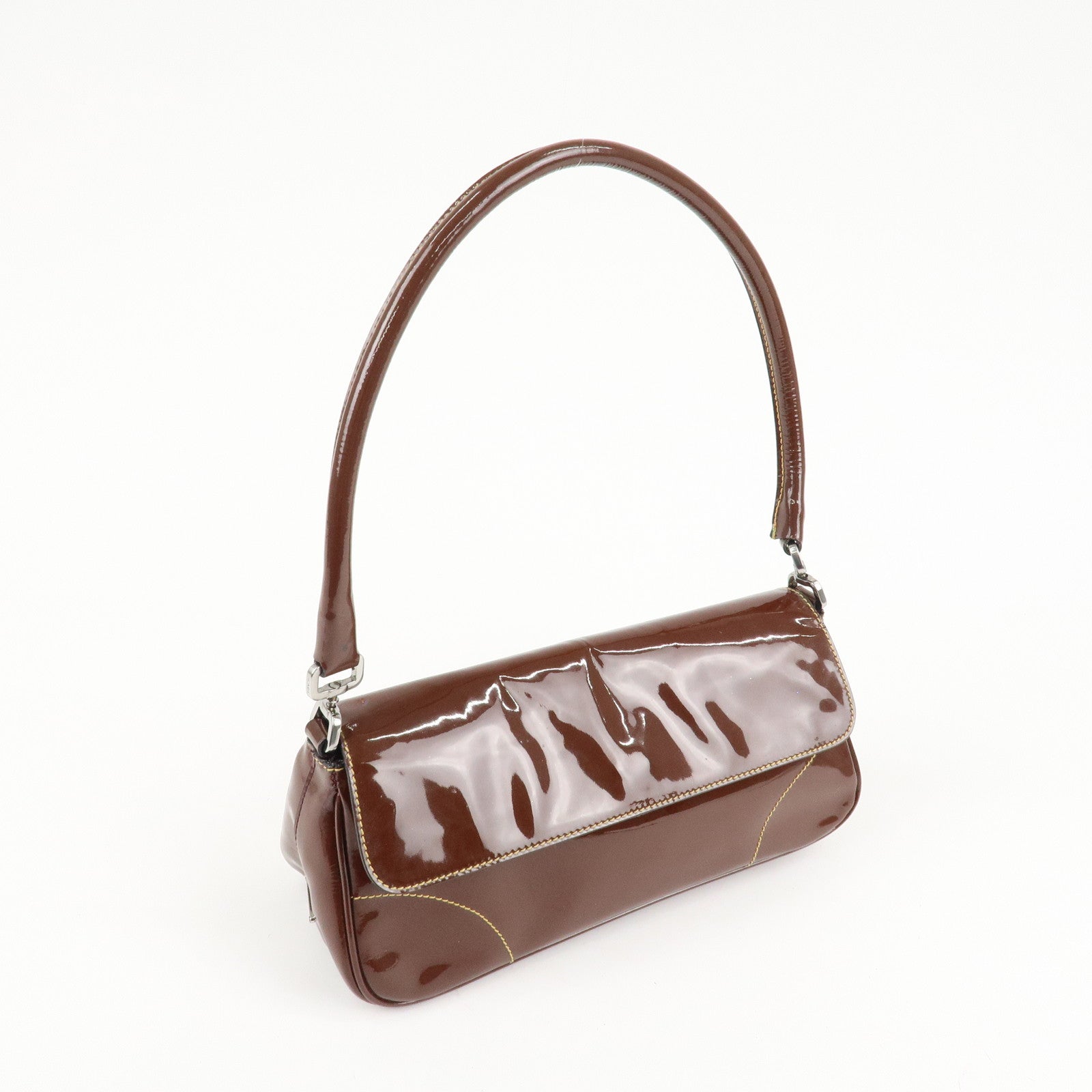 PRADA Patent Leather Shoulder Bag Brown Used