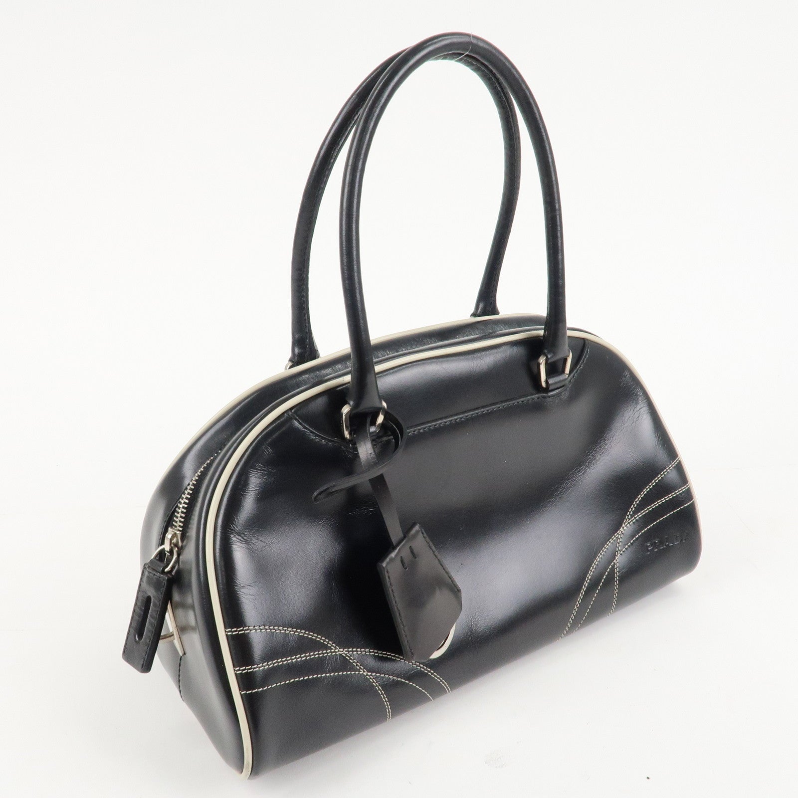 PRADA Leather Mini Boston Bag Shoulder Bag Black Silver HDW Used