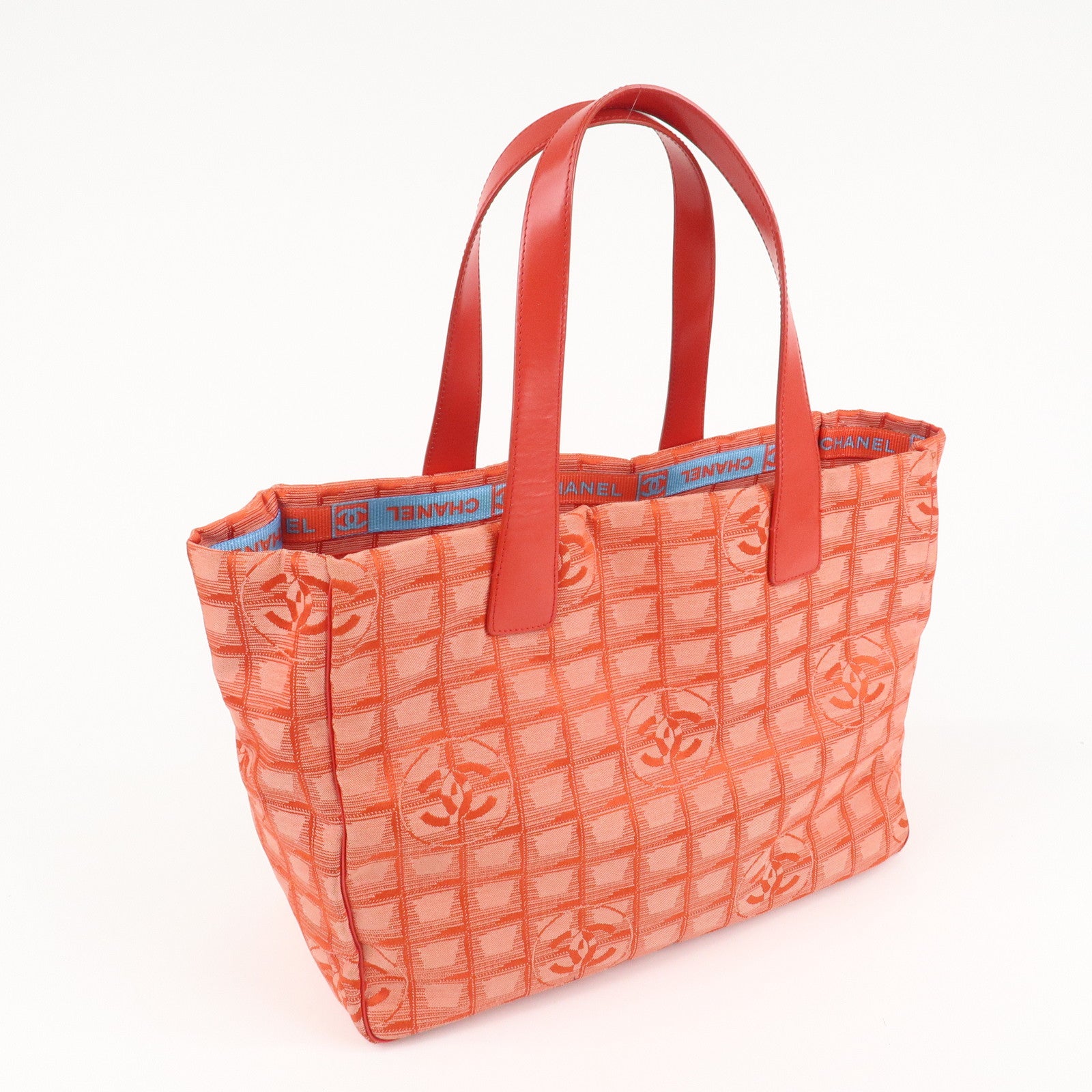 CHANEL New Travel Line Nylon Jacquard Leather Tote Bag Red A15991 Used