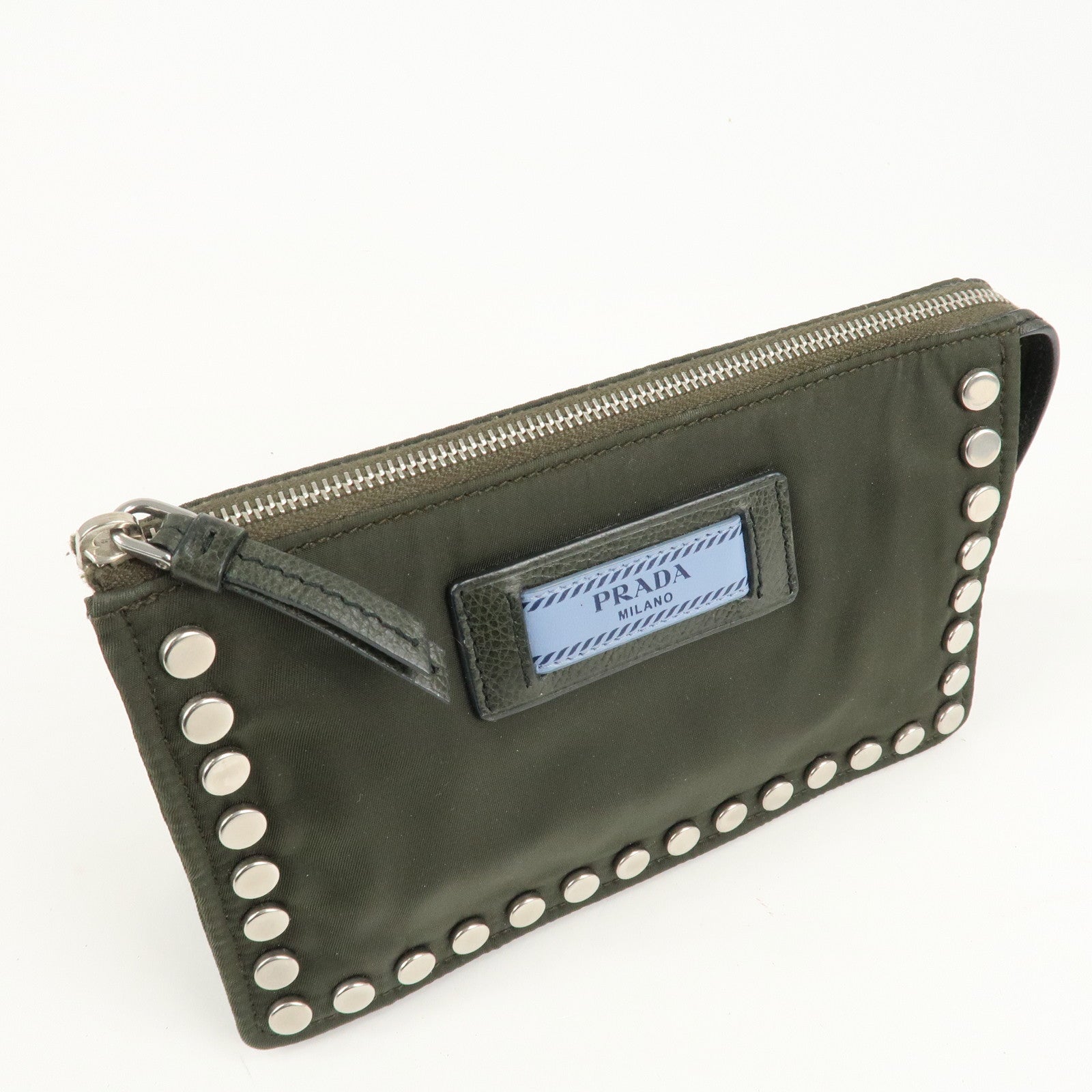 PRADA Tessuto Travel Pouch Studs Military Silver HDW Used
