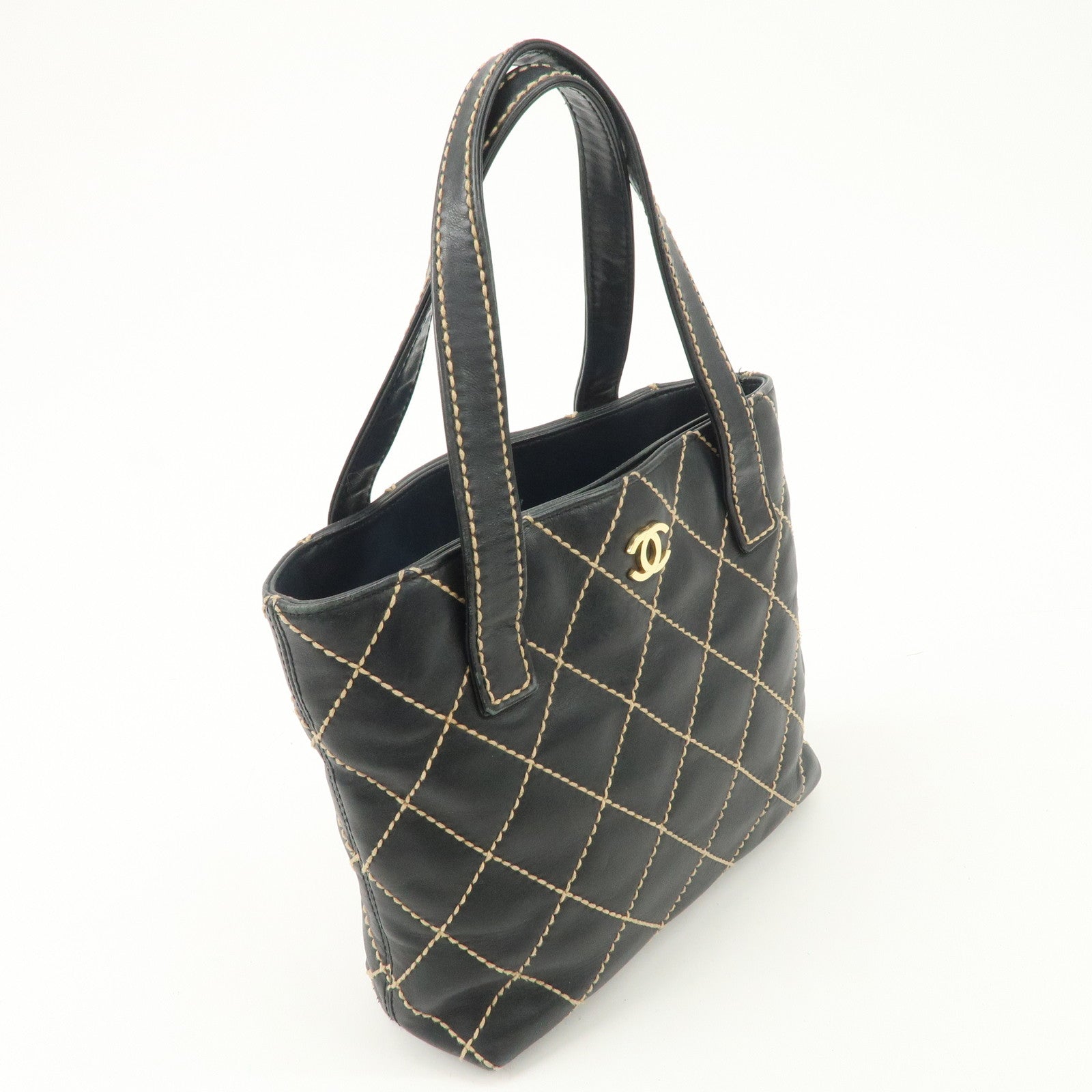 CHANEL Wild Stitch Lamb Skin Tote Bag Hand Bag Black A18126 Used